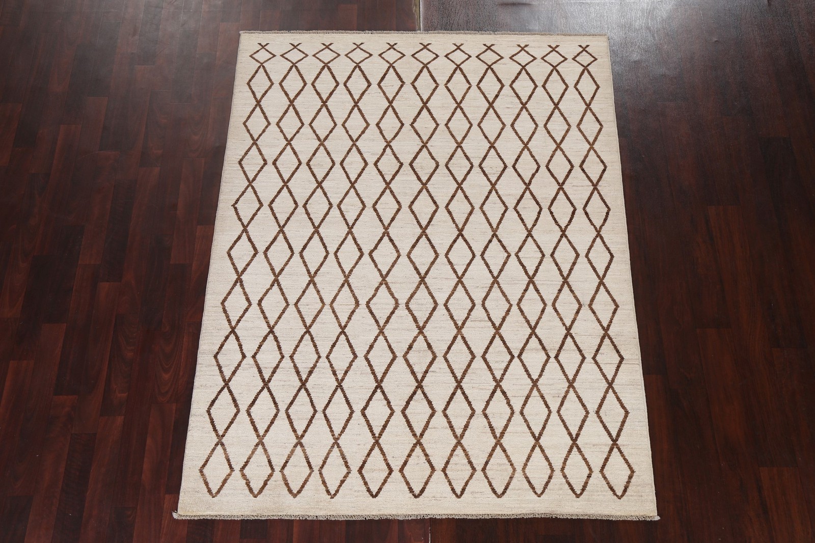 Trellis Moroccan Oriental Area Rug 5×7 Ivory & Brown Wool Hand-knotted Carpet