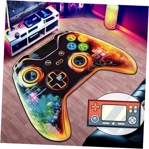 2PCS (Large & Mini) Gaming Area Rug Teen Boys Carpet, 3D Gamepad Colorful Game