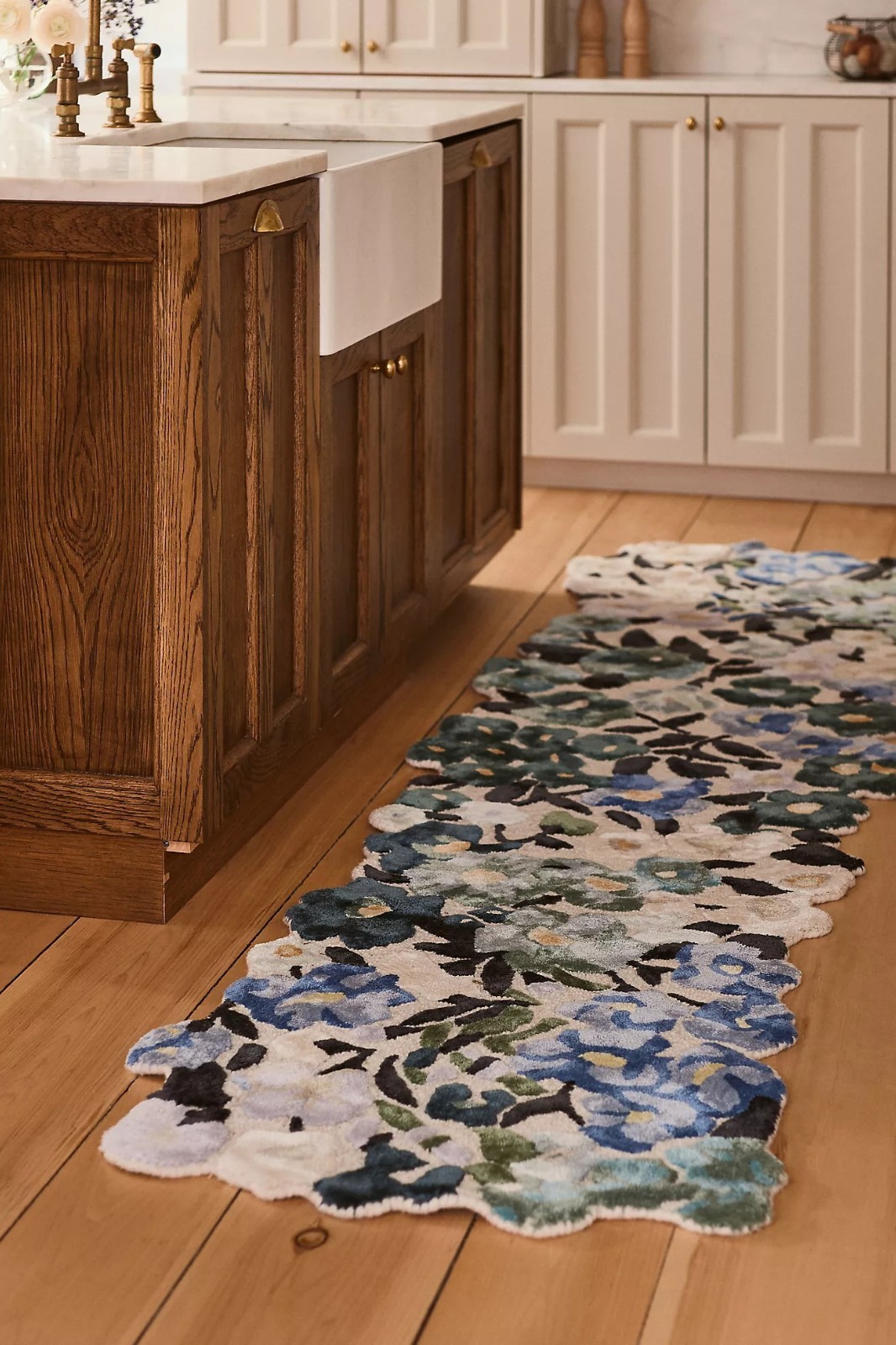 Hand-Tufted Floral Wool Viscose Rug Blue Green Ivory Modern Runner Carpet
