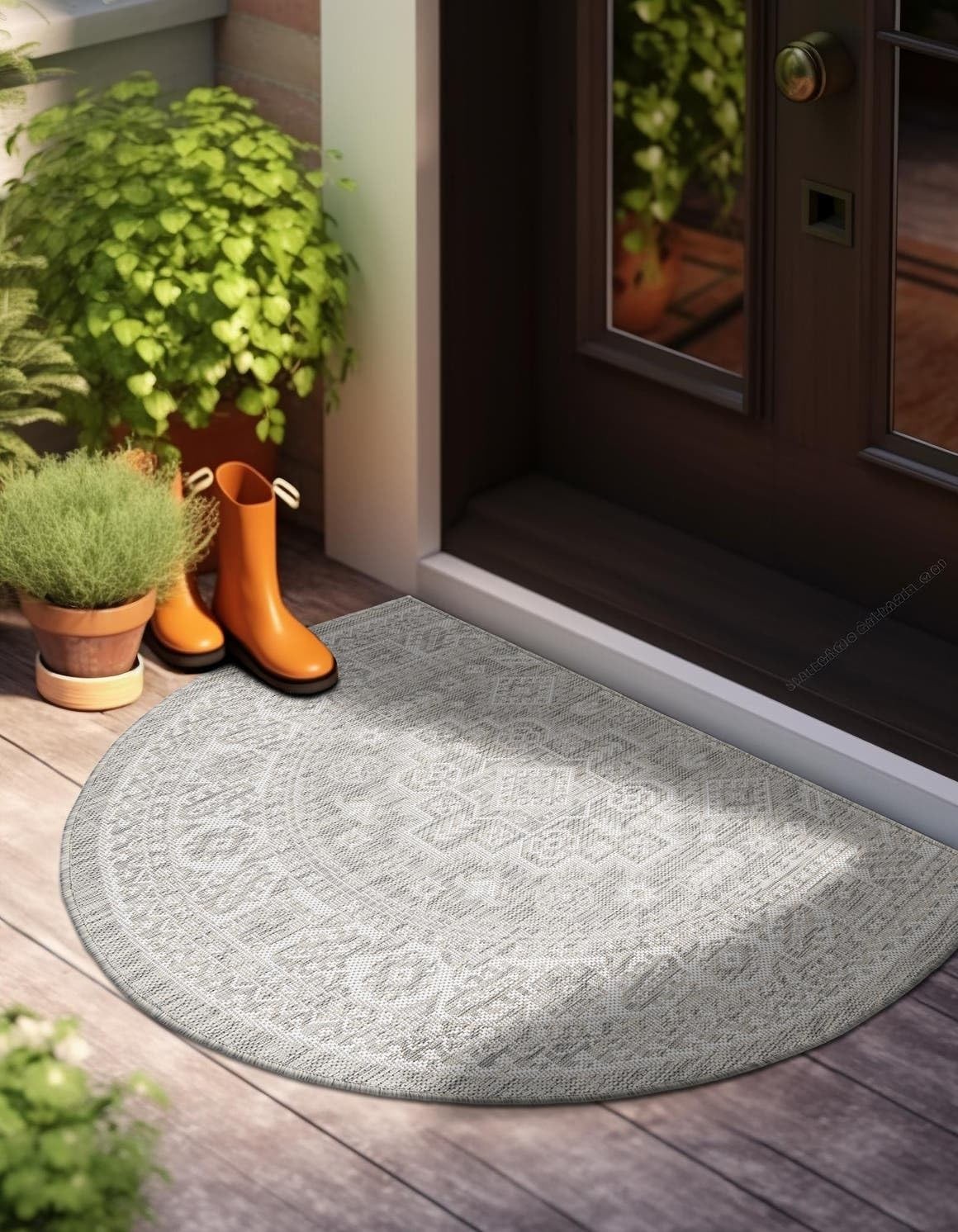 Unique Loom Outdoor Aztec Area Rug – Chalca 3′ 1″ x 6′ 1″ Light Gray/Ivory