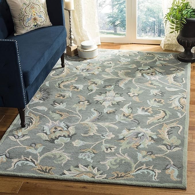 Grey & Multi, Handmade Floral Wool, Ideal for High Traffic Areas in Entryway, Li