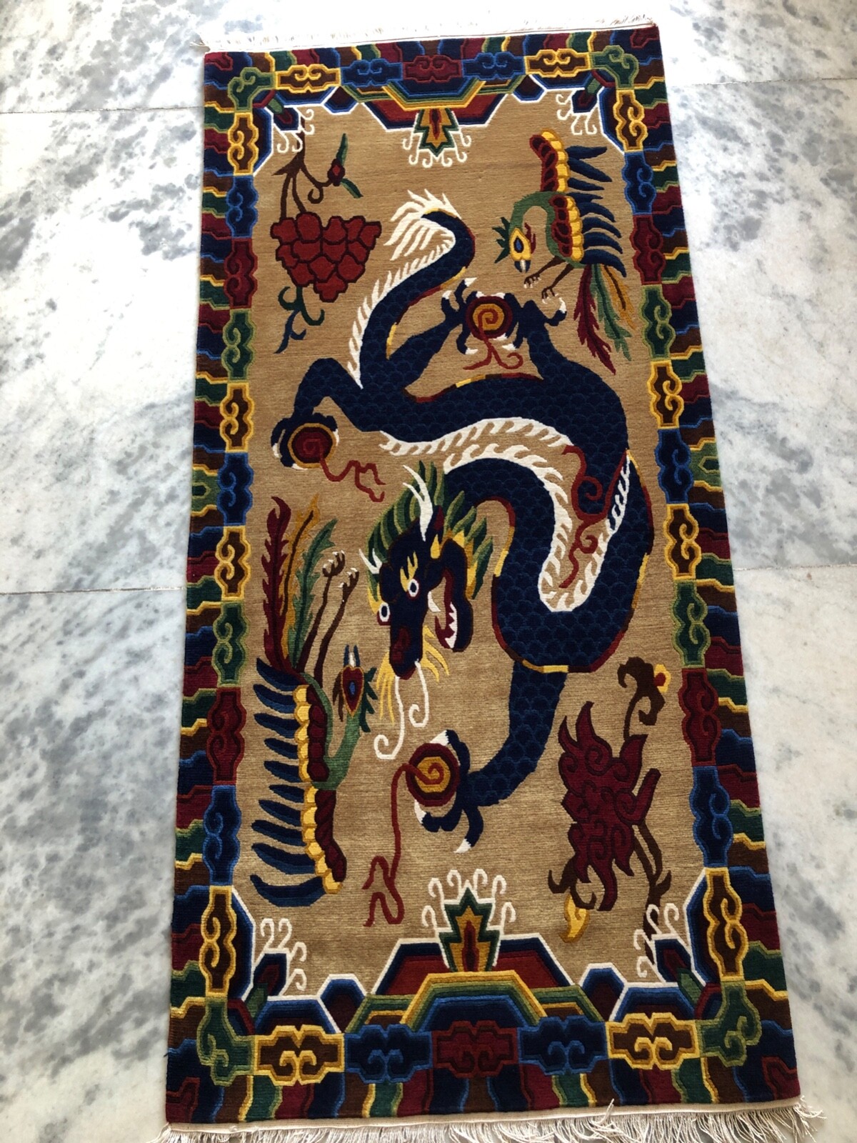 Hand knotted Tibetan Dragon and Bird Traditional rug ( 90 cm × 180 cm)