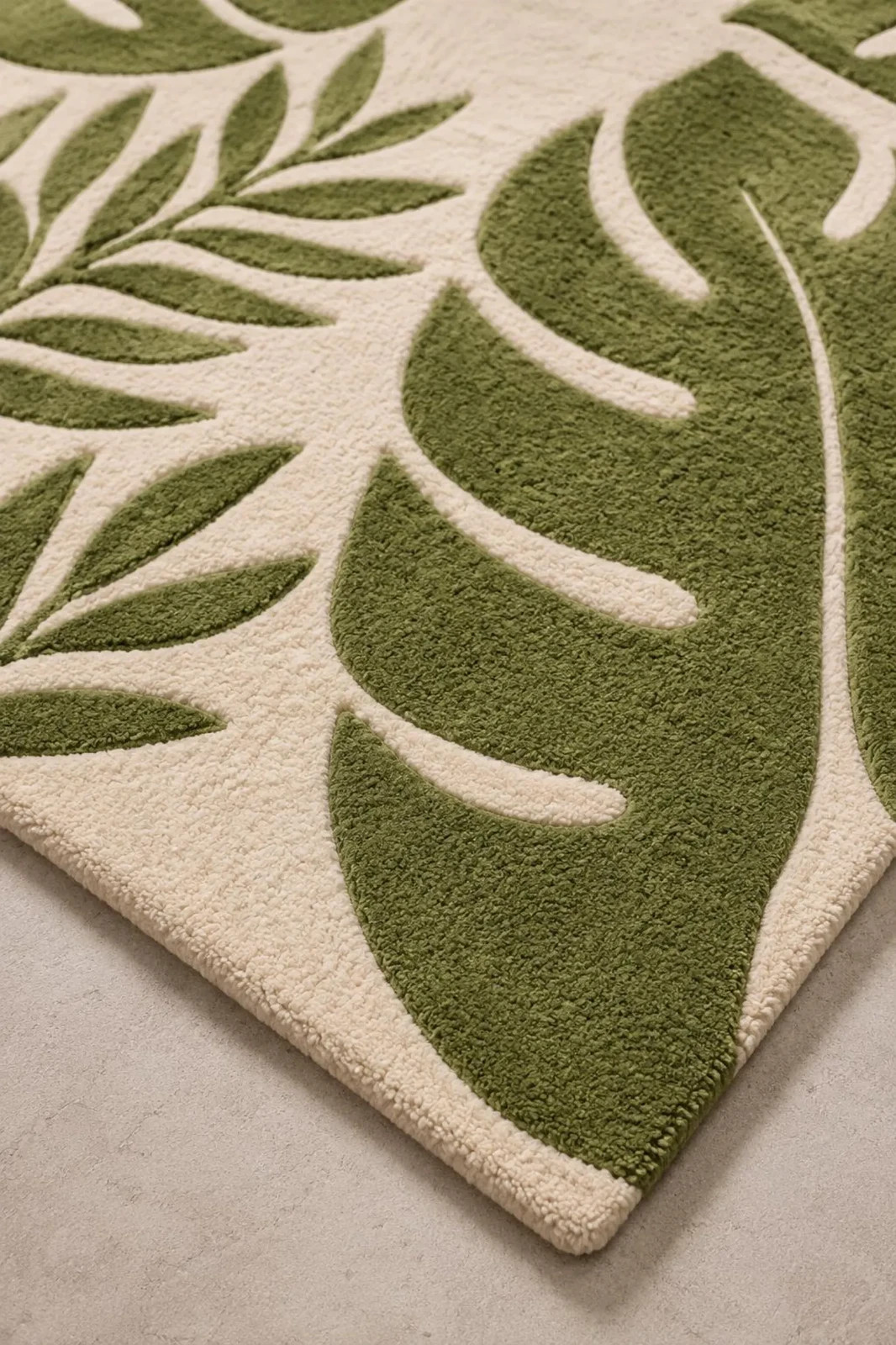 Hand Tufted Wool Monstera Leaf Rug Tropical Botanical Area Carpet Sage Green