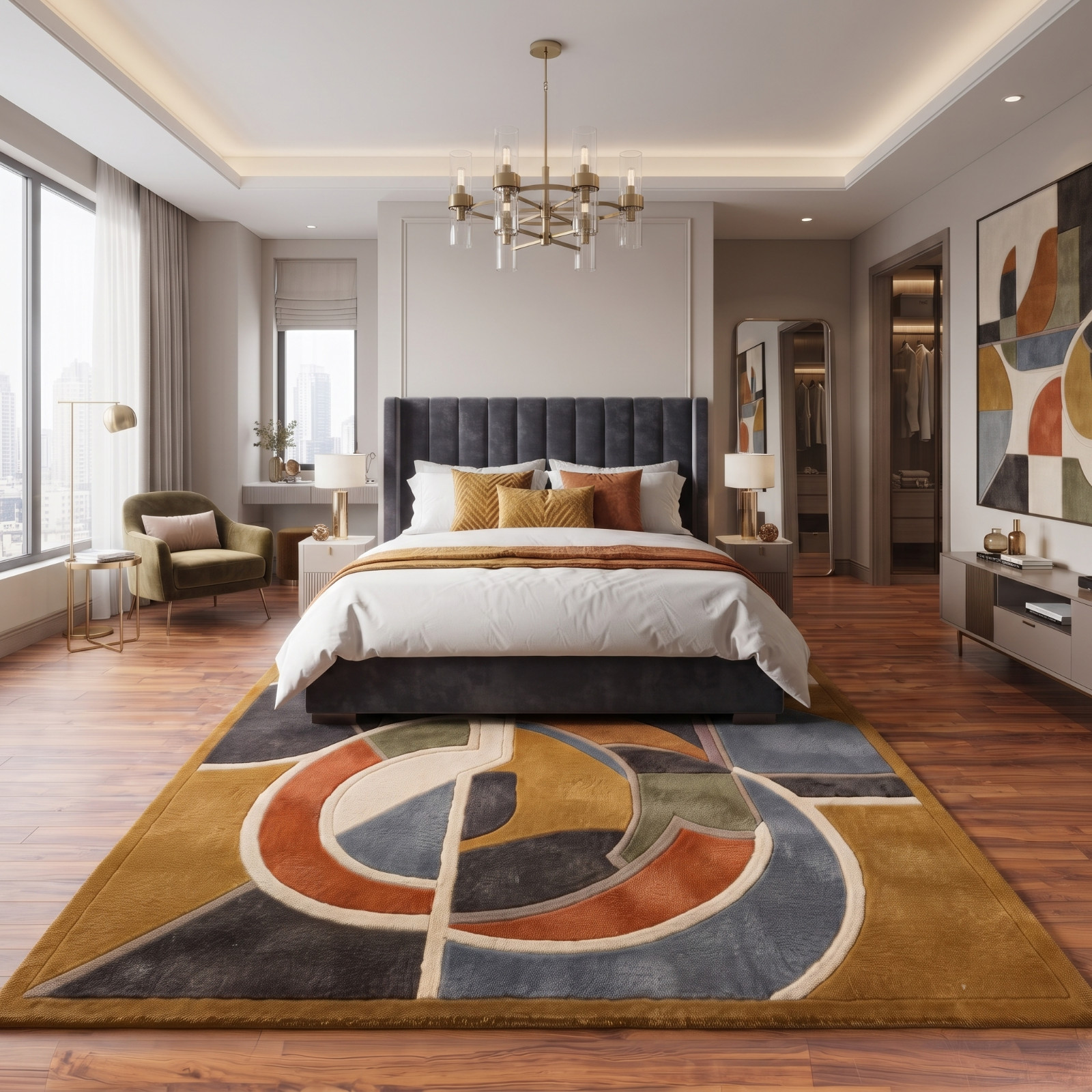 Modern Abstract Hand Tufted Area Rug in Mustard Yellow / Gold & Steel , High Low