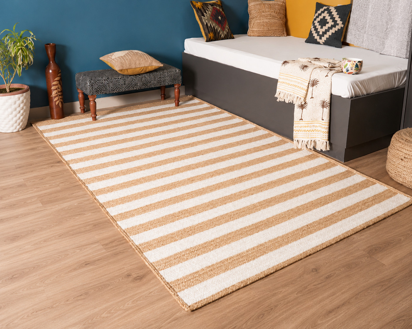 Jute Area Rug Natural White Striped Carpet Farmhouse Modern Living Room Decor