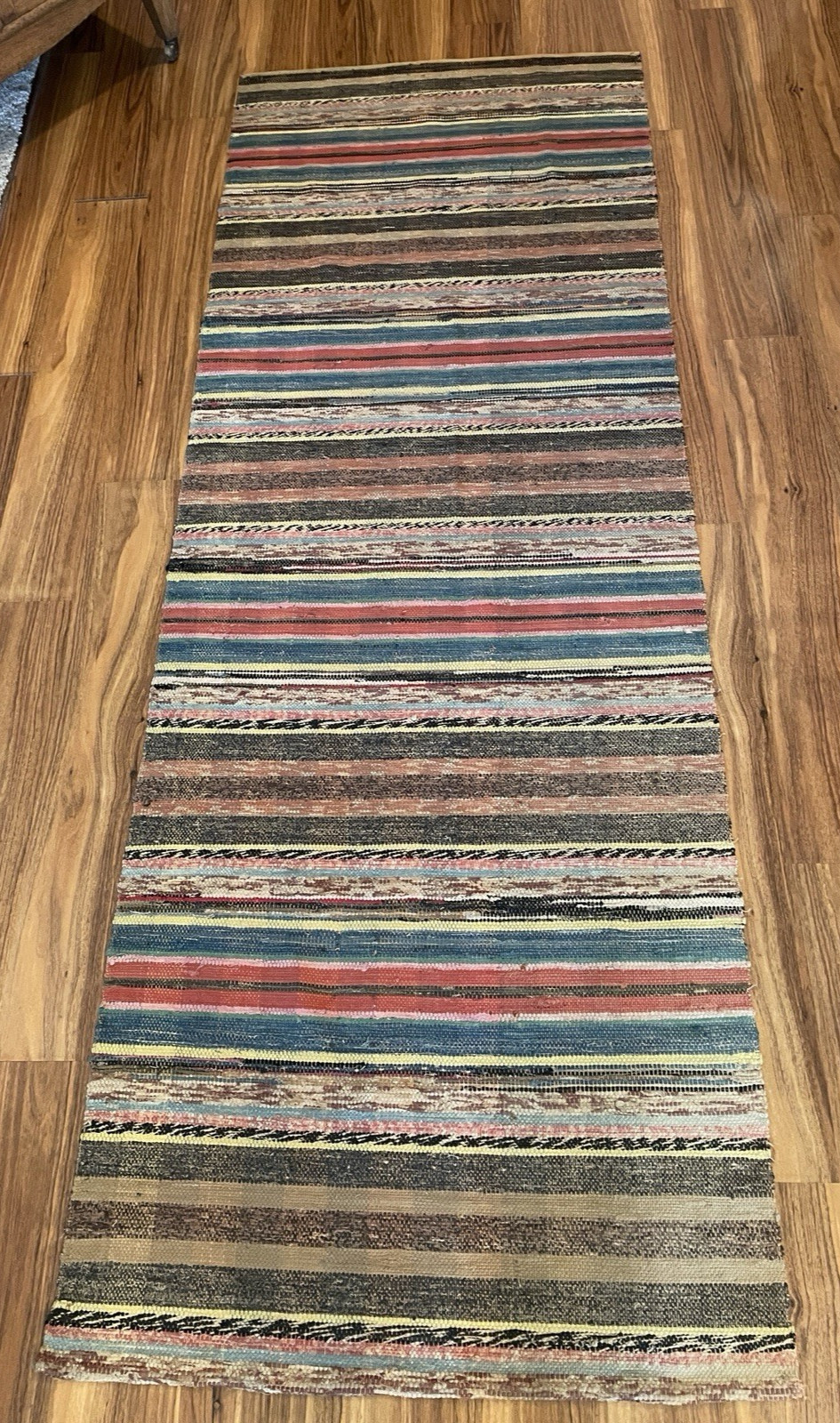 VTG Handmade Woven MCM Rag Rug 89×31 Farmhouse Country Blue Red Black Brown