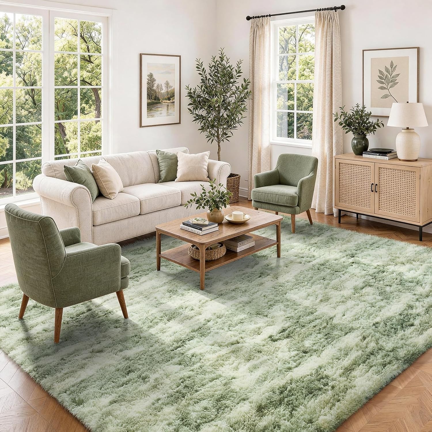 Ultra Soft Green and White Shag Area Rug 5×7 – Perfect for Living Room & Kids