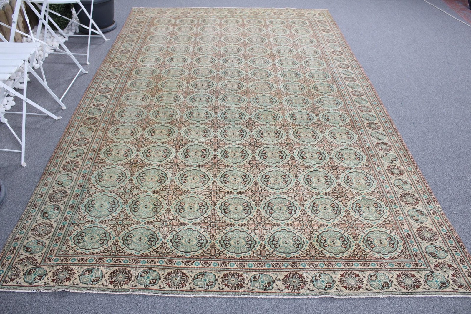 Vintage Turkish Large Rug 6,4×9,8 ft, Green Beige Striped Wool Rug