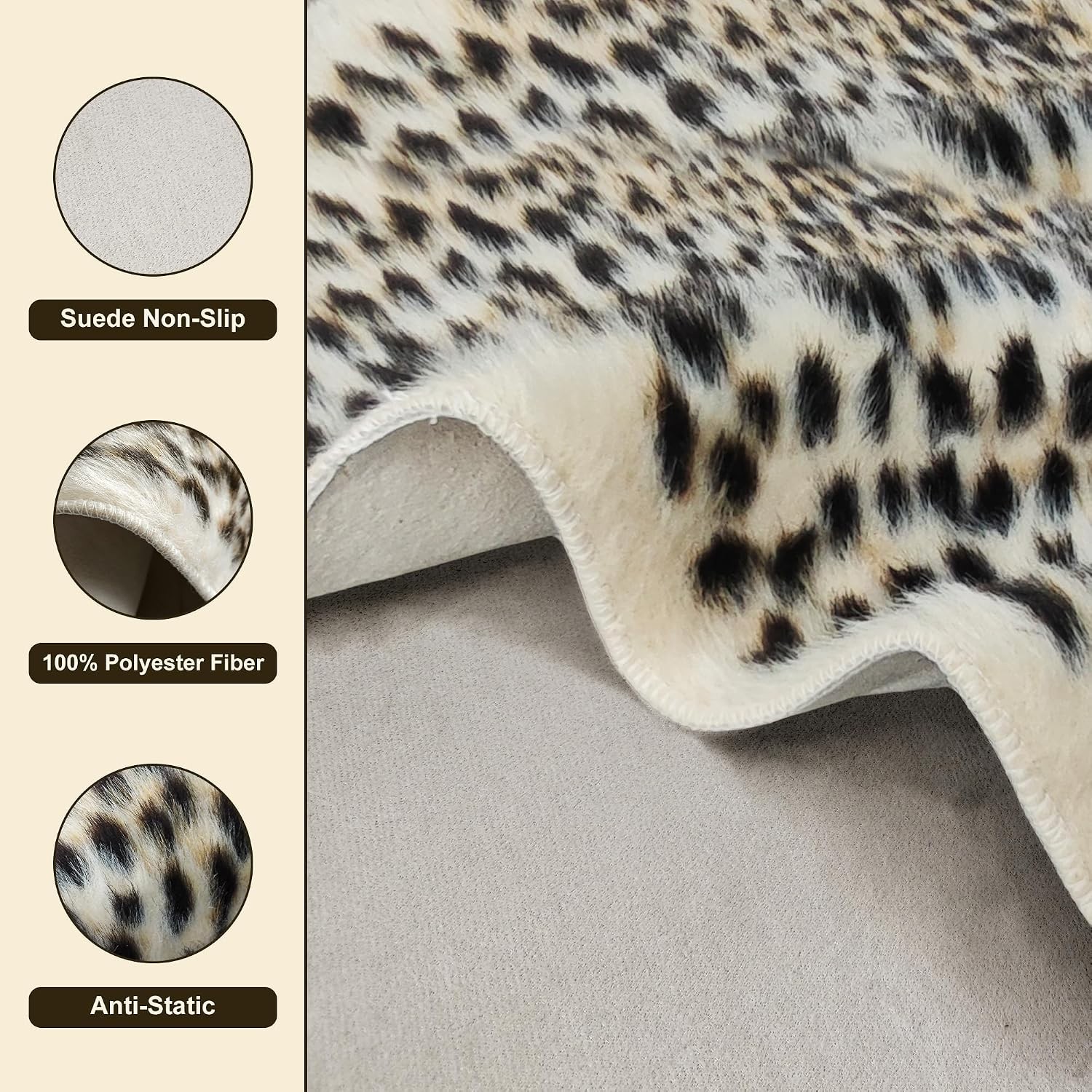Leopard Print Area Rug, 3’1″ x 3’4″, Brown Faux Fur, Non Slip, Tufted