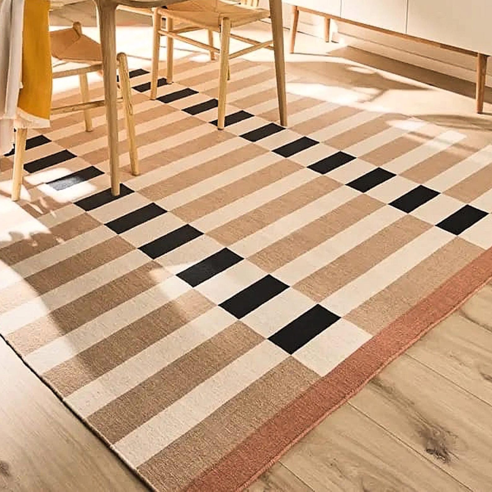 Handmade Kilim Area Rug Beige Cream Striped Geometric Rug Modern Flat Weave Wool