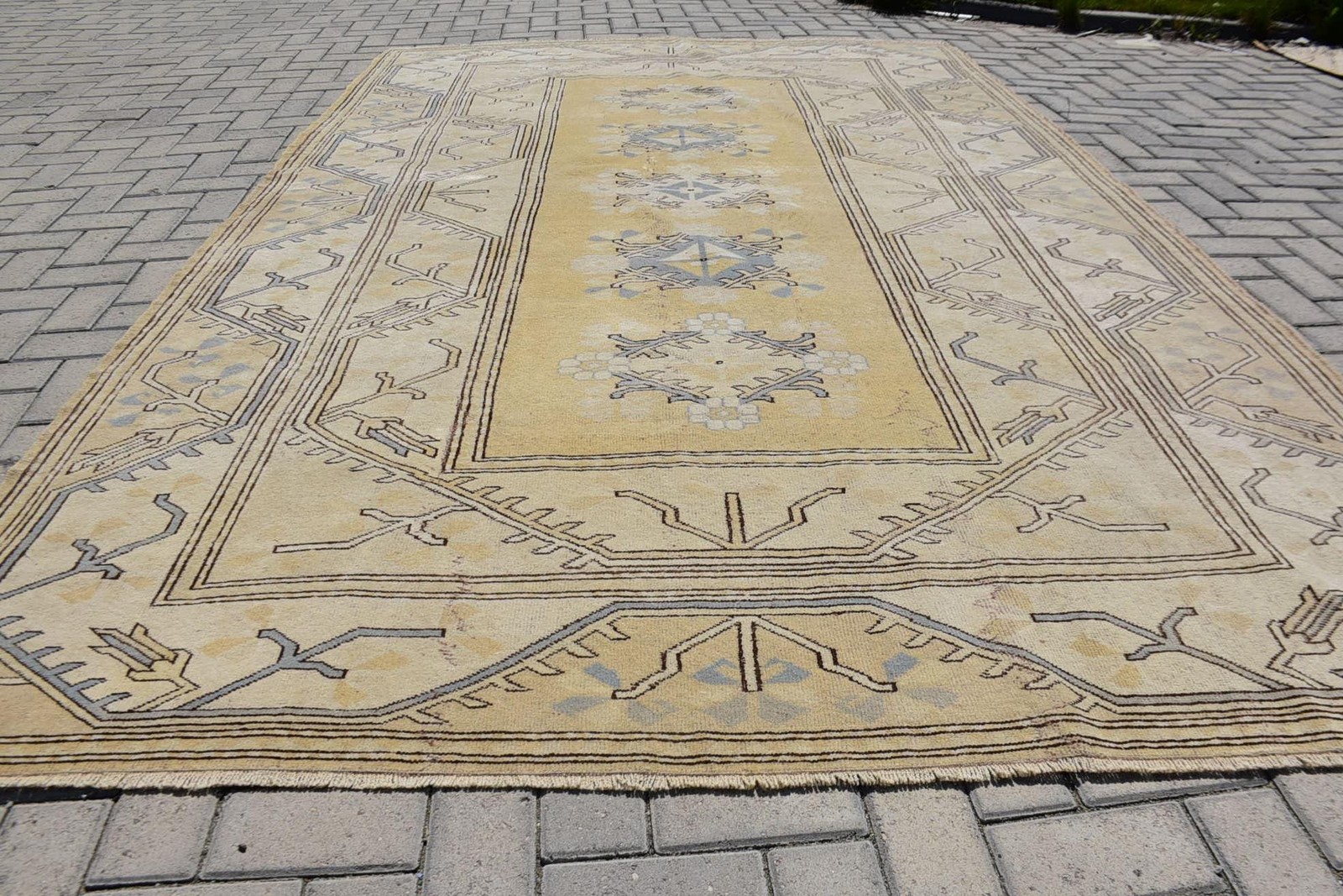 Turkish Large Rug, 6,6×10,4 ft Vintage Rug, Beige Patchwork Wool Rug