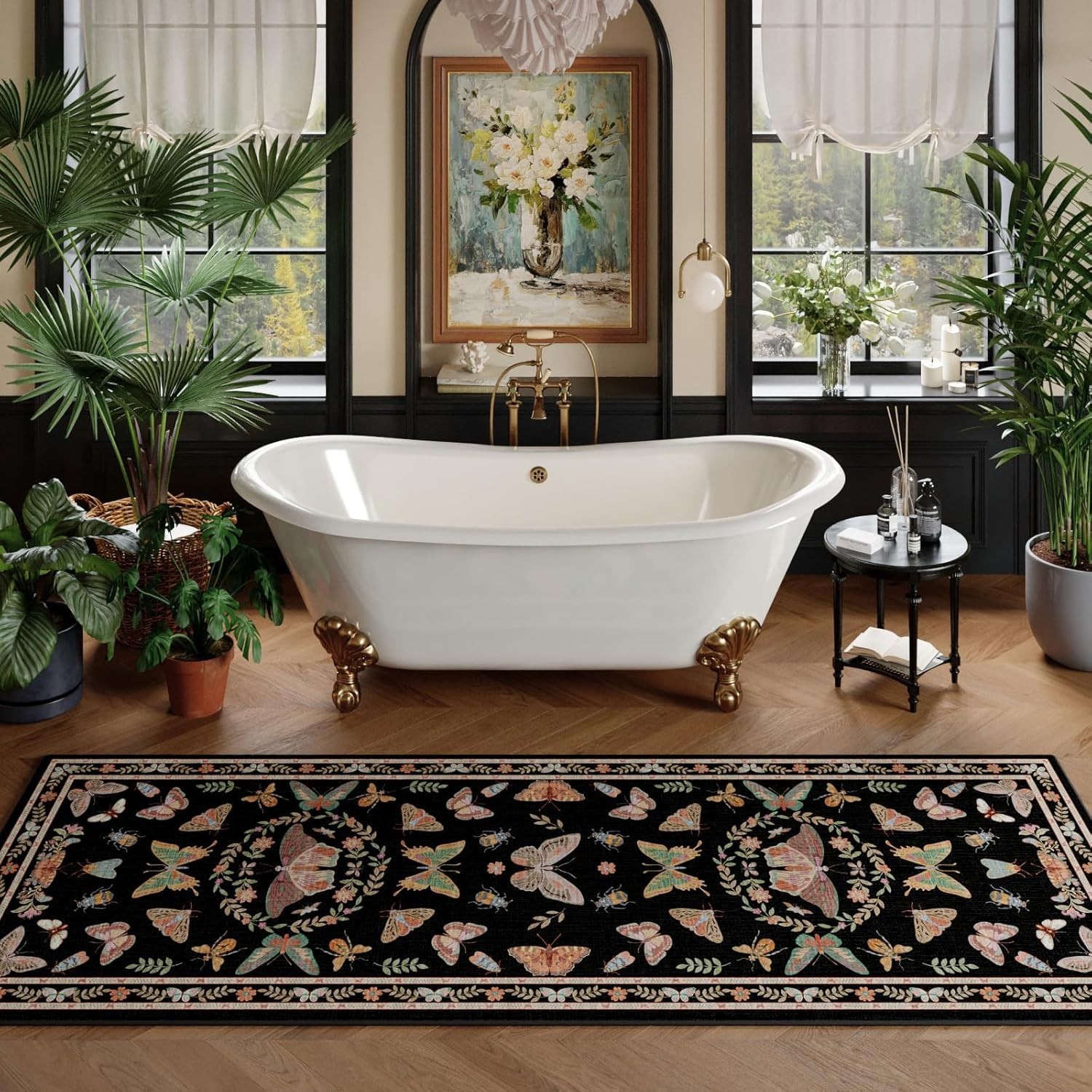 2X6 Black Runner Rug, Washable Non Slip Insect Botanical Rug for Hallway, Kitche