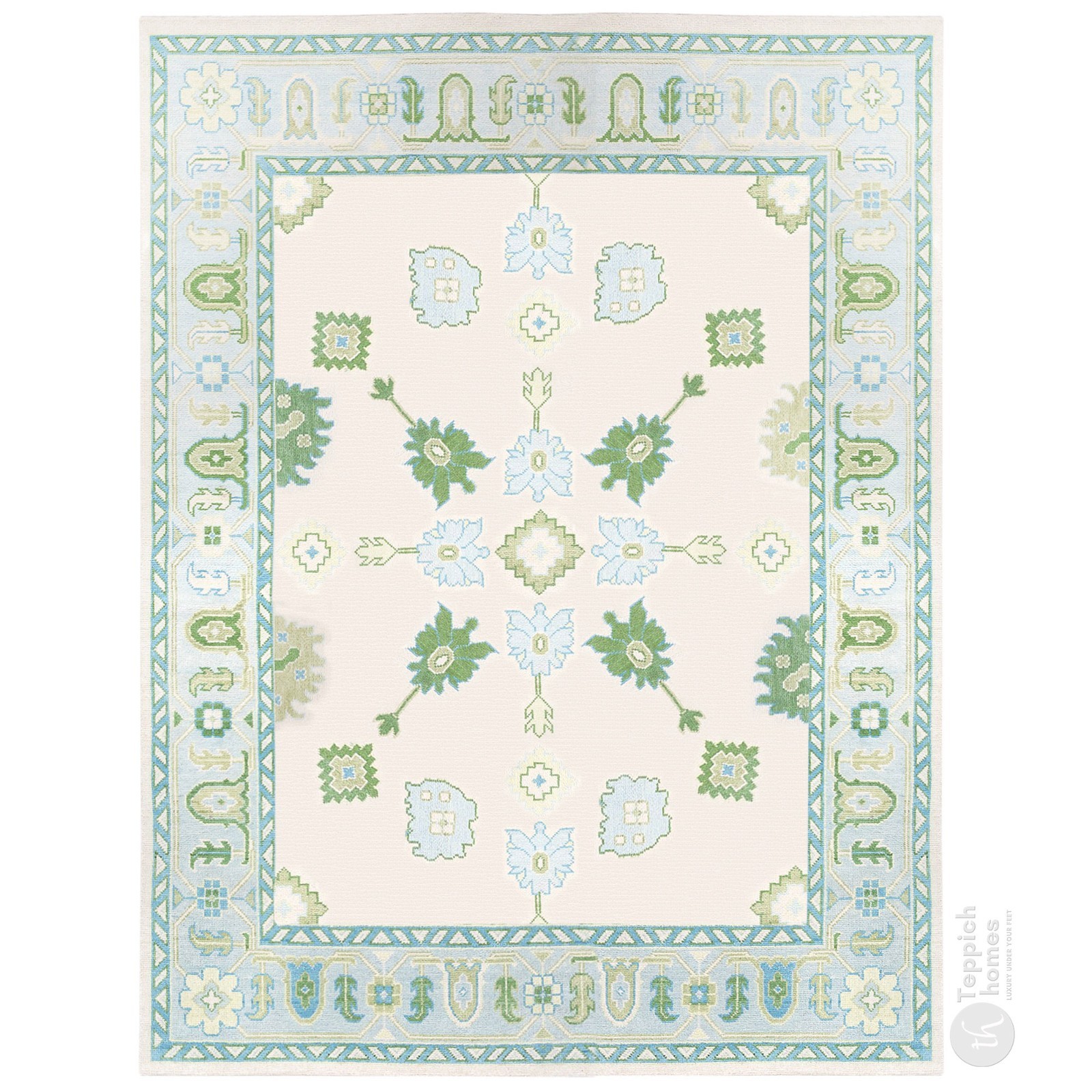 White & Green Oushak Rug 5×8 ft – Hand Knotted Wool Area Rugs for Living Room