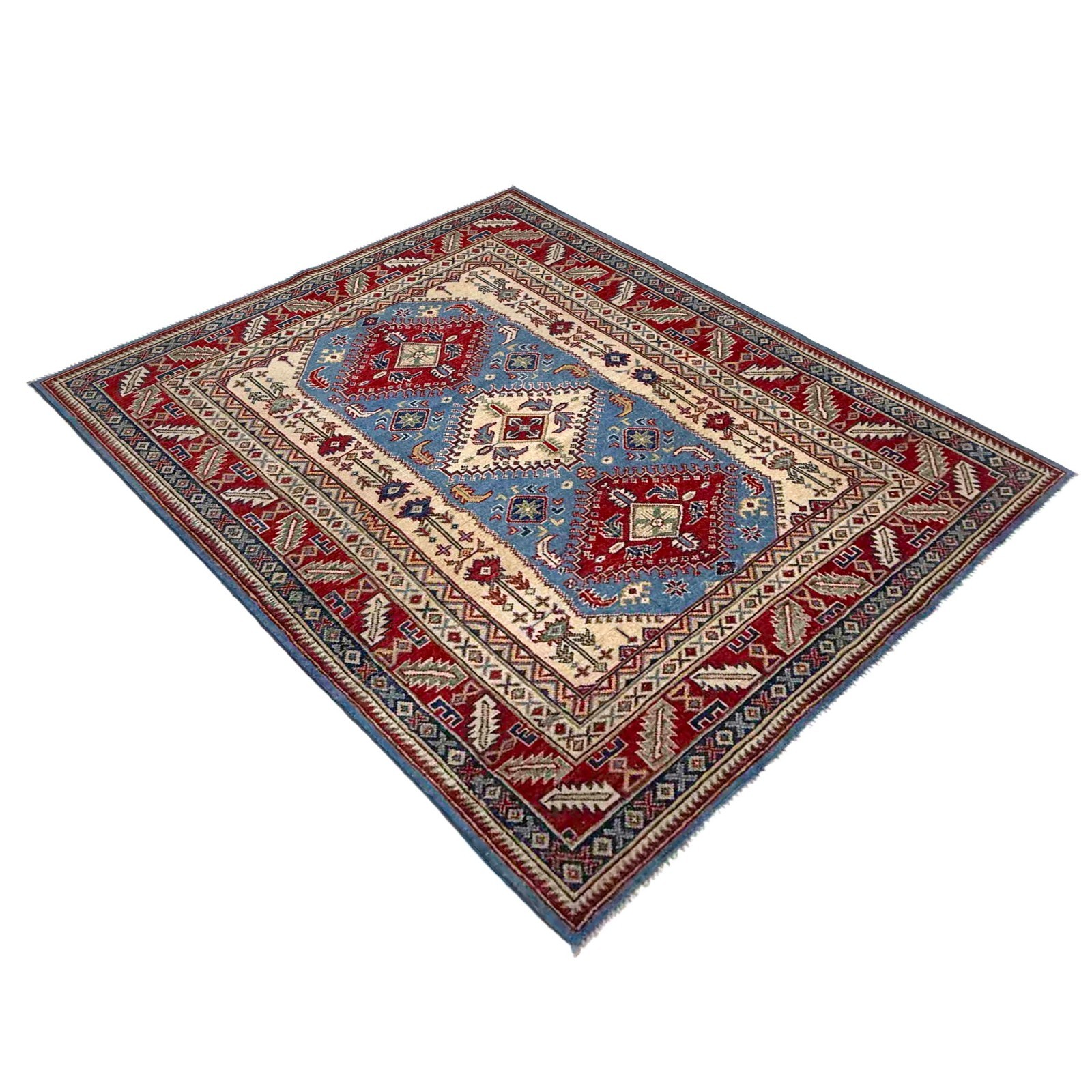 Traditional Hand Made Rug, 5’1×6’7Ft Oriental Kazak Rug Blue Area Carpet, G37587
