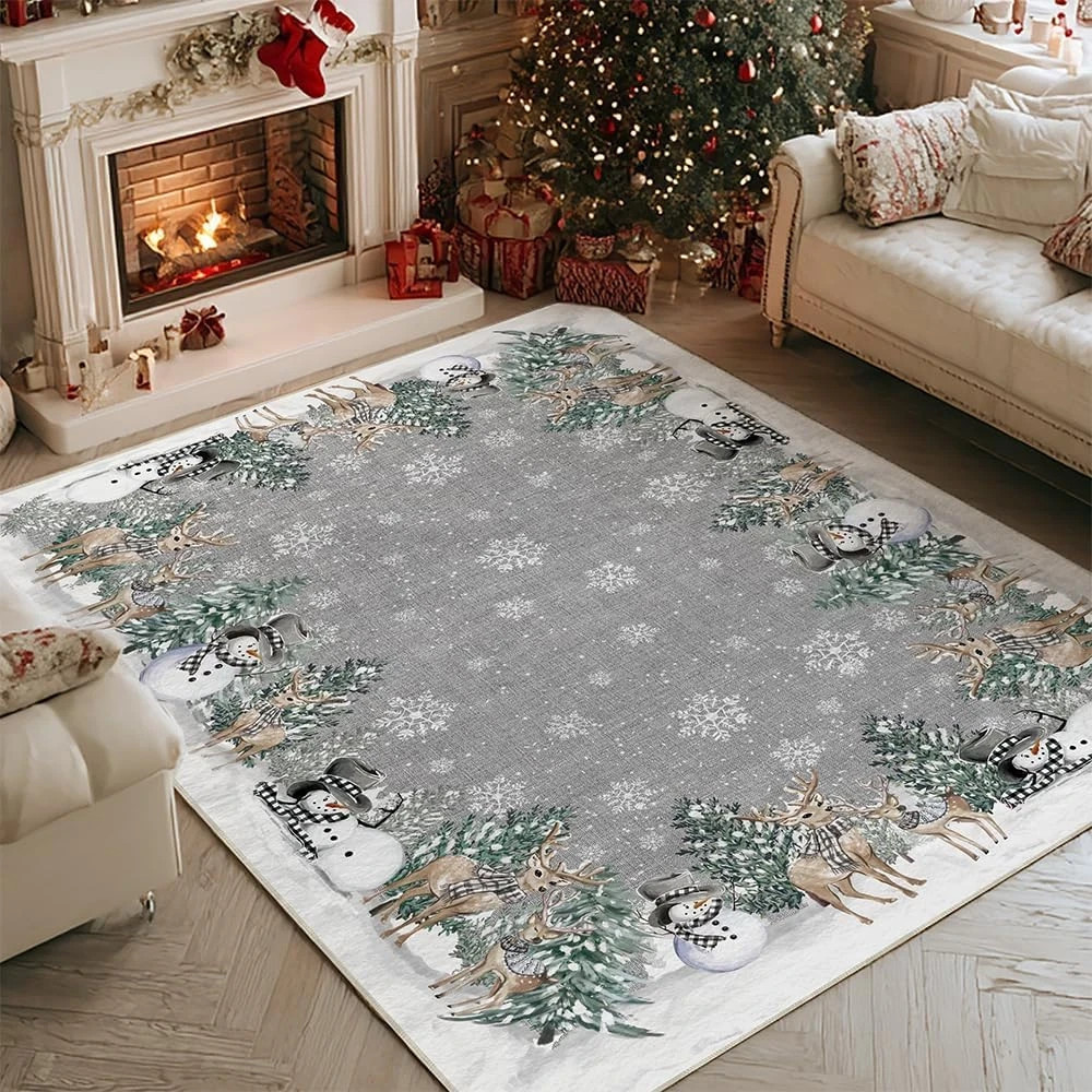 Grey Snowman Christmas Area Rug 5×7 – Washable Winter Decor for Home