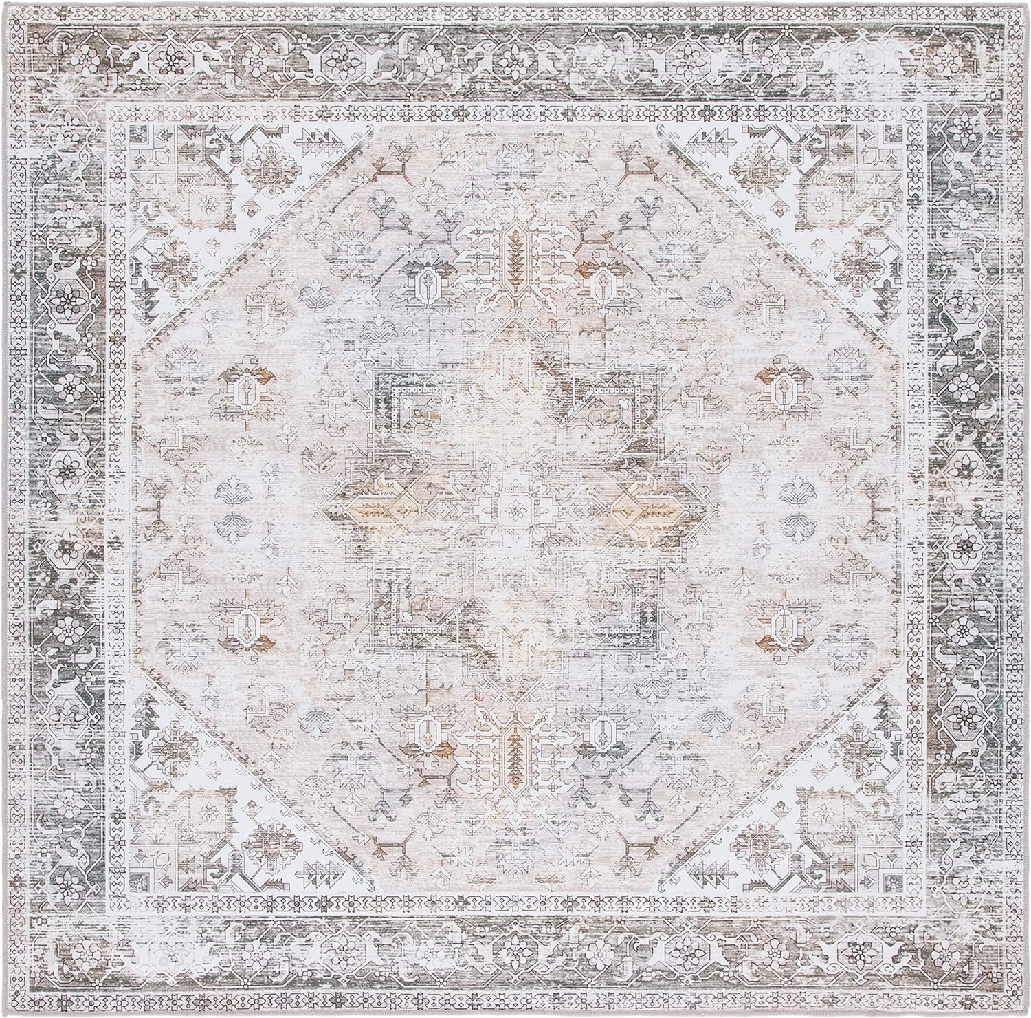 Tucson Washable 6′ Square Rug – Beige & Grey, Slip Resistant, Easy Clean