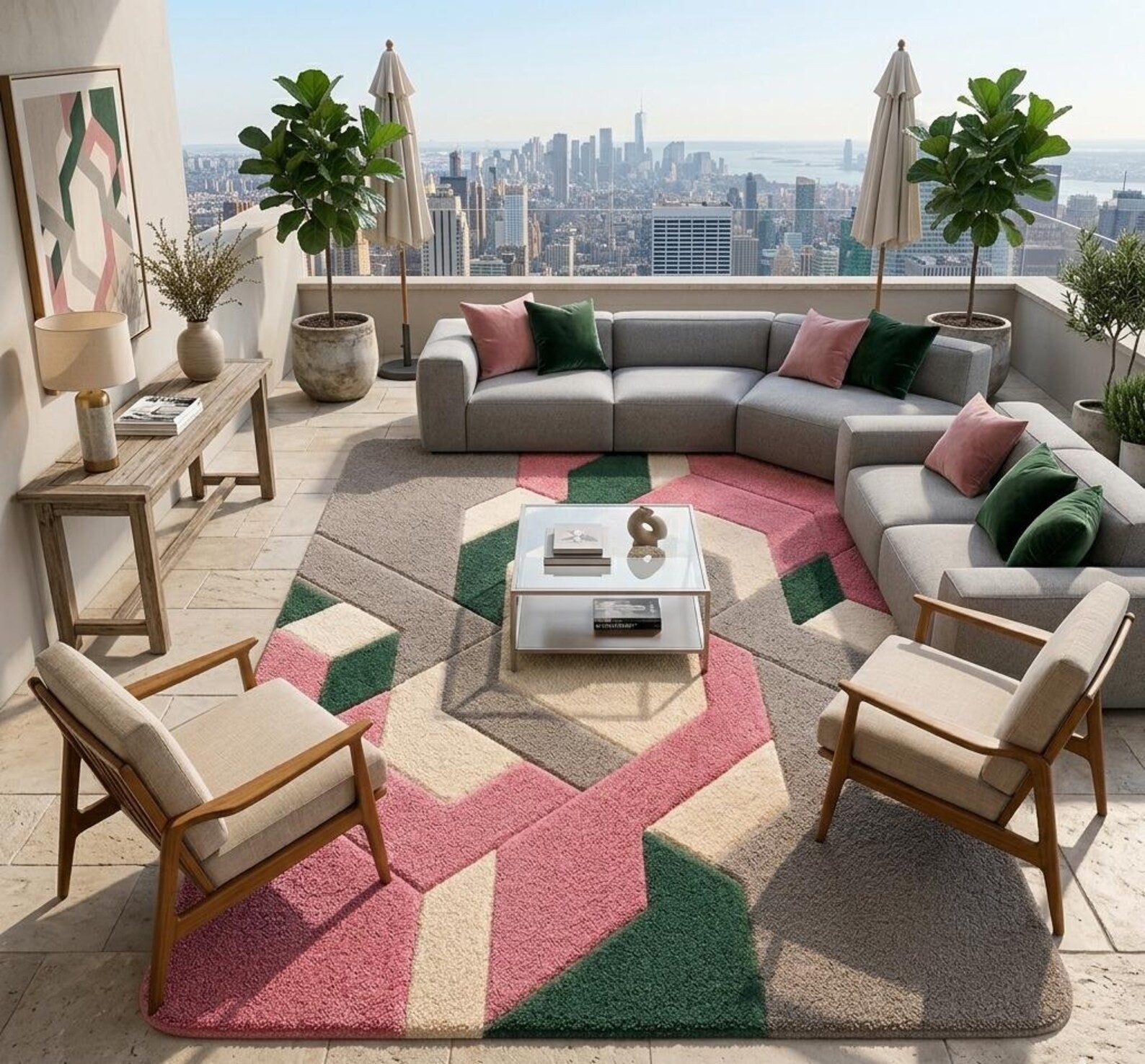 Hand Tufted Wool Rug Pink Green Geometric Abstract 9×12 Modern Living Room Carpe