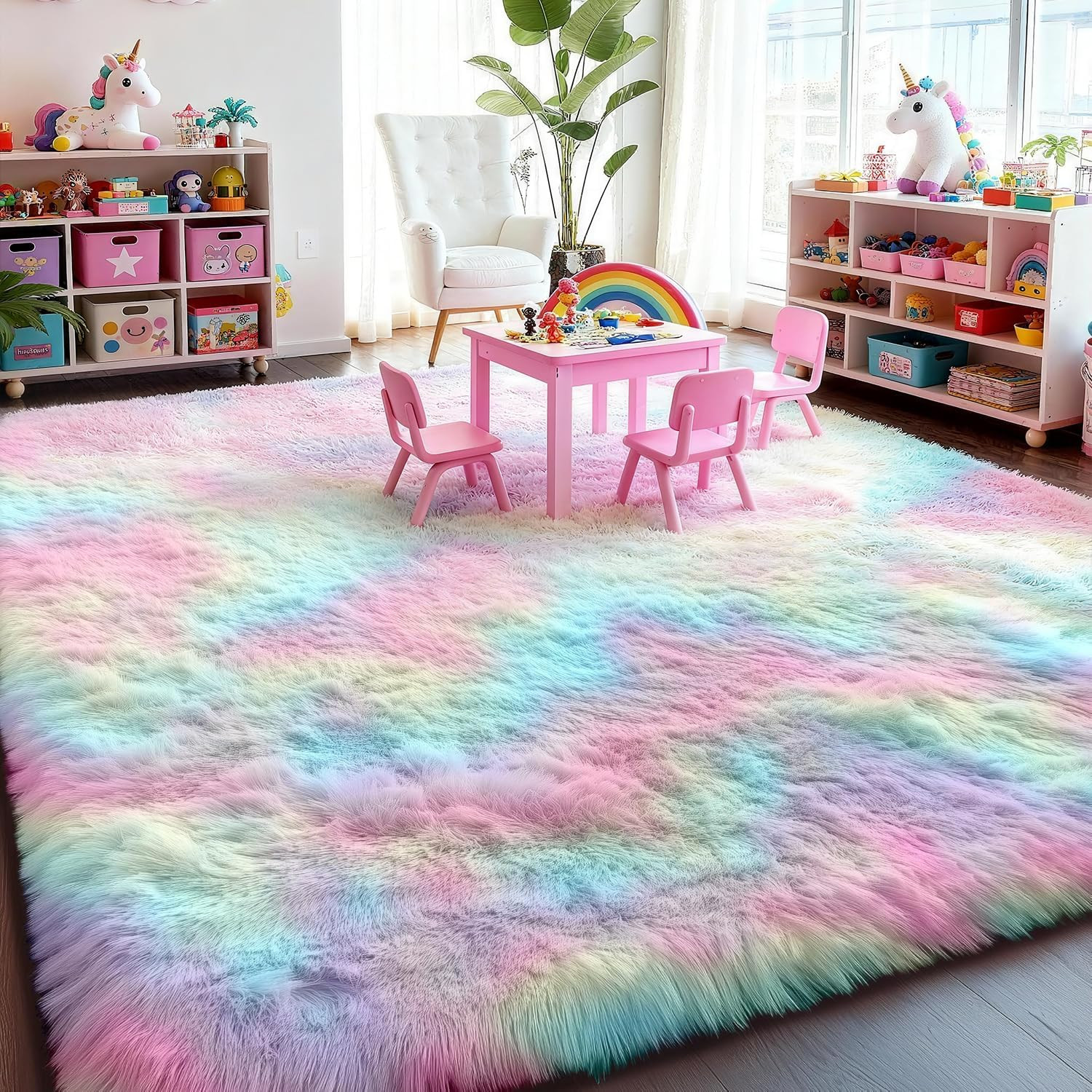 Vibrant 8X10 Rainbow Plush Area Rug for Kids & Girls’ Rooms
