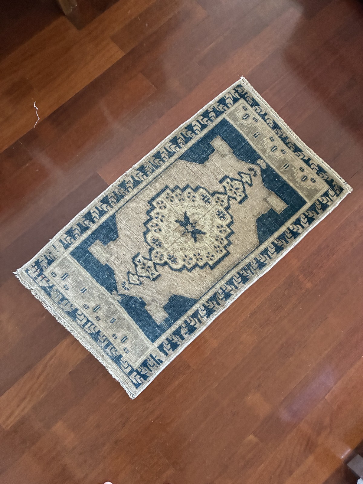 Organic Modern Oushak Rug 2×3 Navy Blue Beige Wool Hand Knotted Small Mat