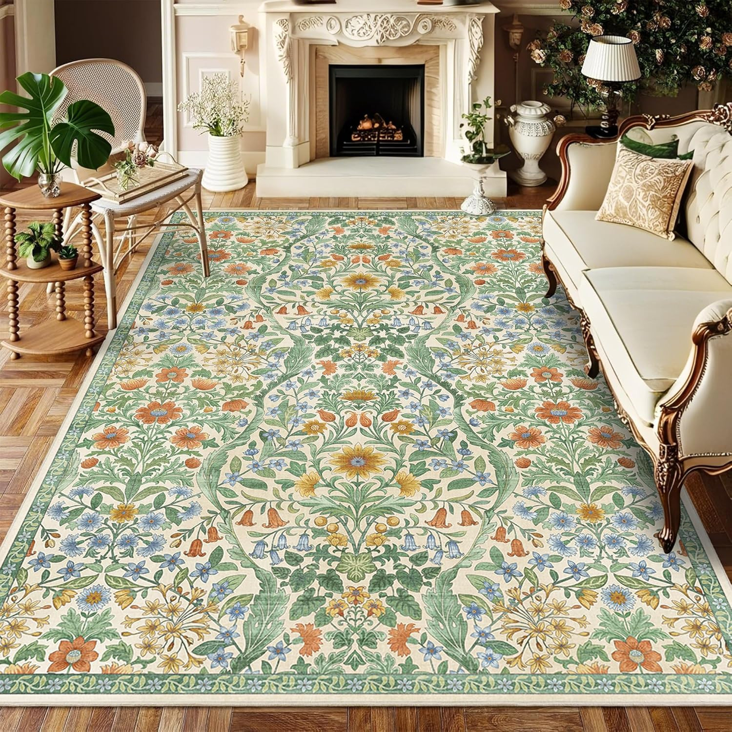 5×7 Grass Green Washable Floral Area Rug,Vintage Boho Soft Low-Pile Living Room
