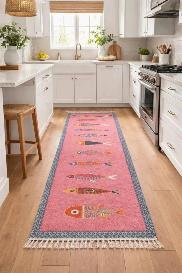 Hand Knotted Wool Fish Rug Runner | Tribal Boho Nautical Anatolian, Pink