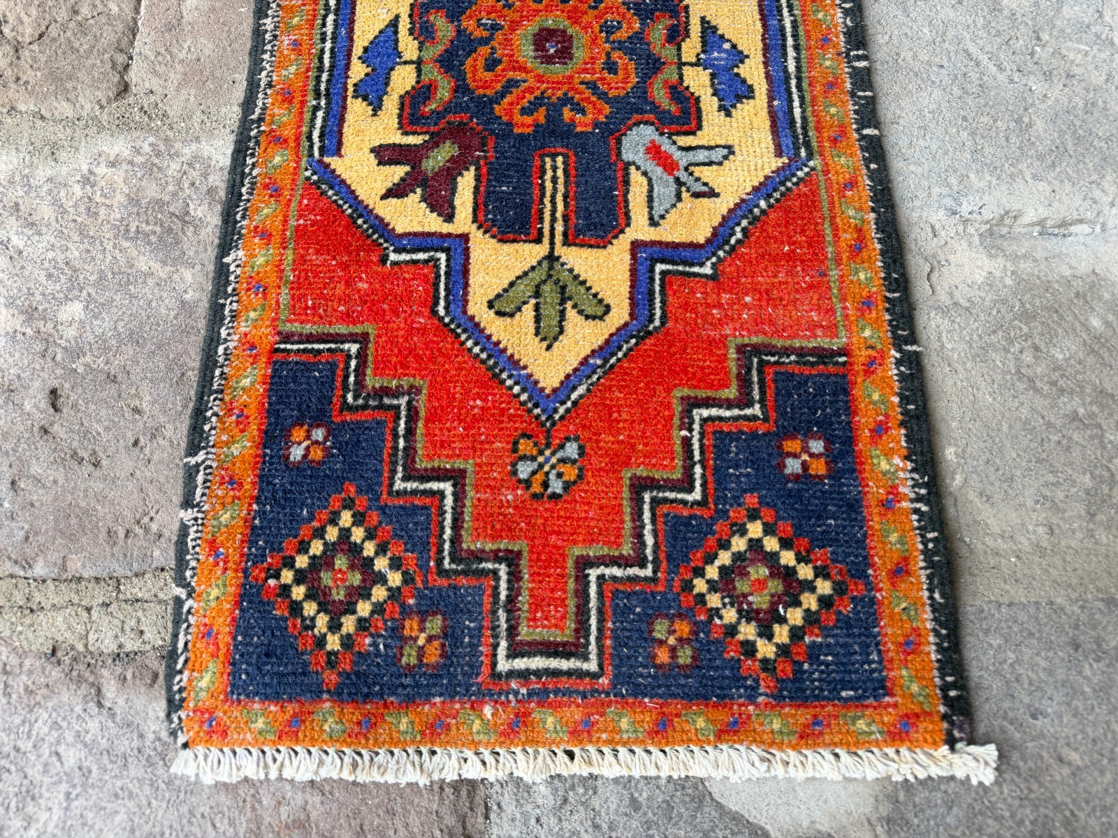 Vintage Turkish Rug 1.7×3.4 ft Red Navy Blue Small Boho Tribal Area Rug