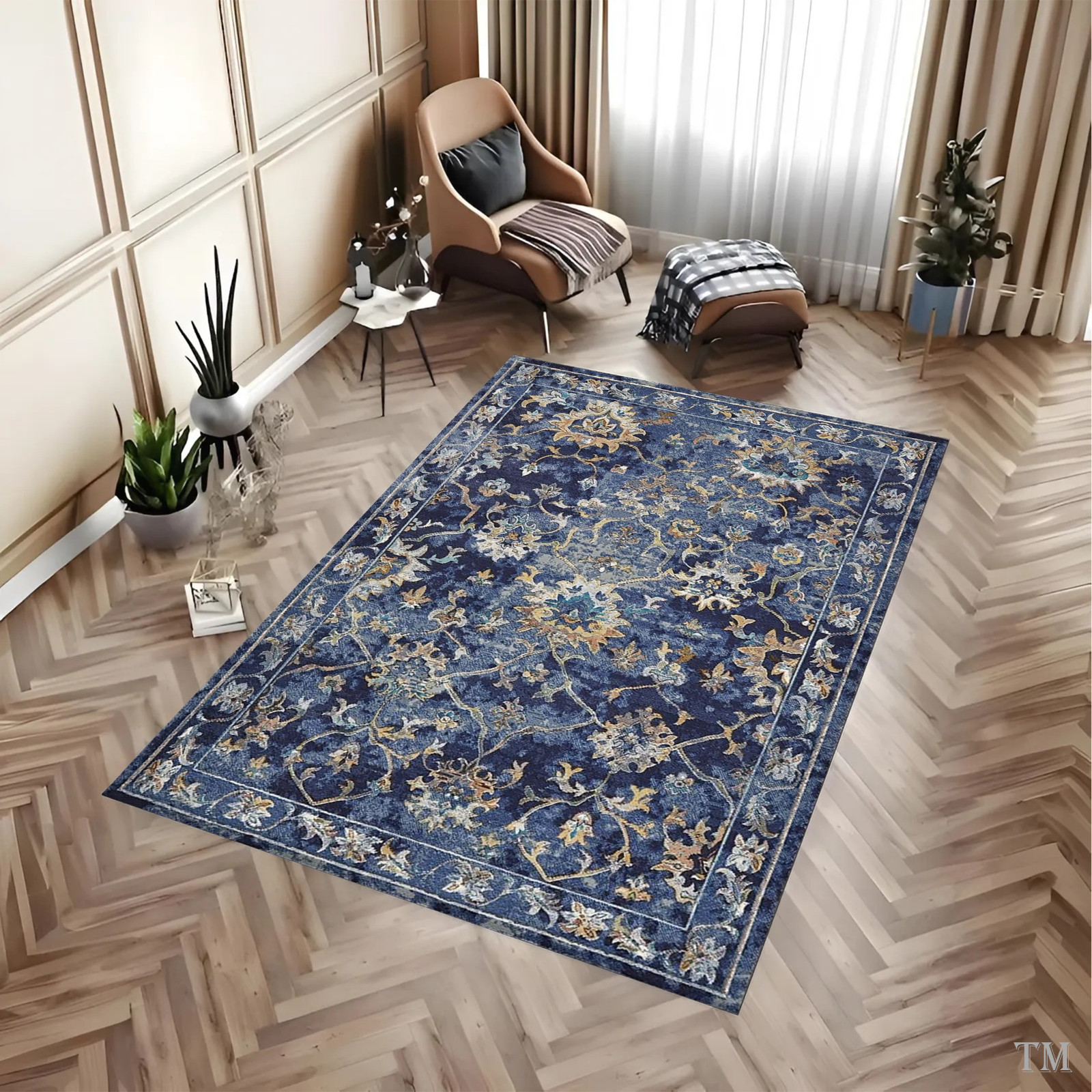 Blue Oriental Area Rug Traditional Vintage Medallion Living Room Carpet