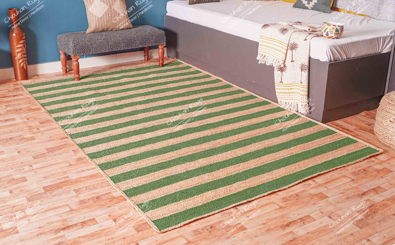 Natural With Dark Green Stripes Jute rug home and living Eco Friendly rug