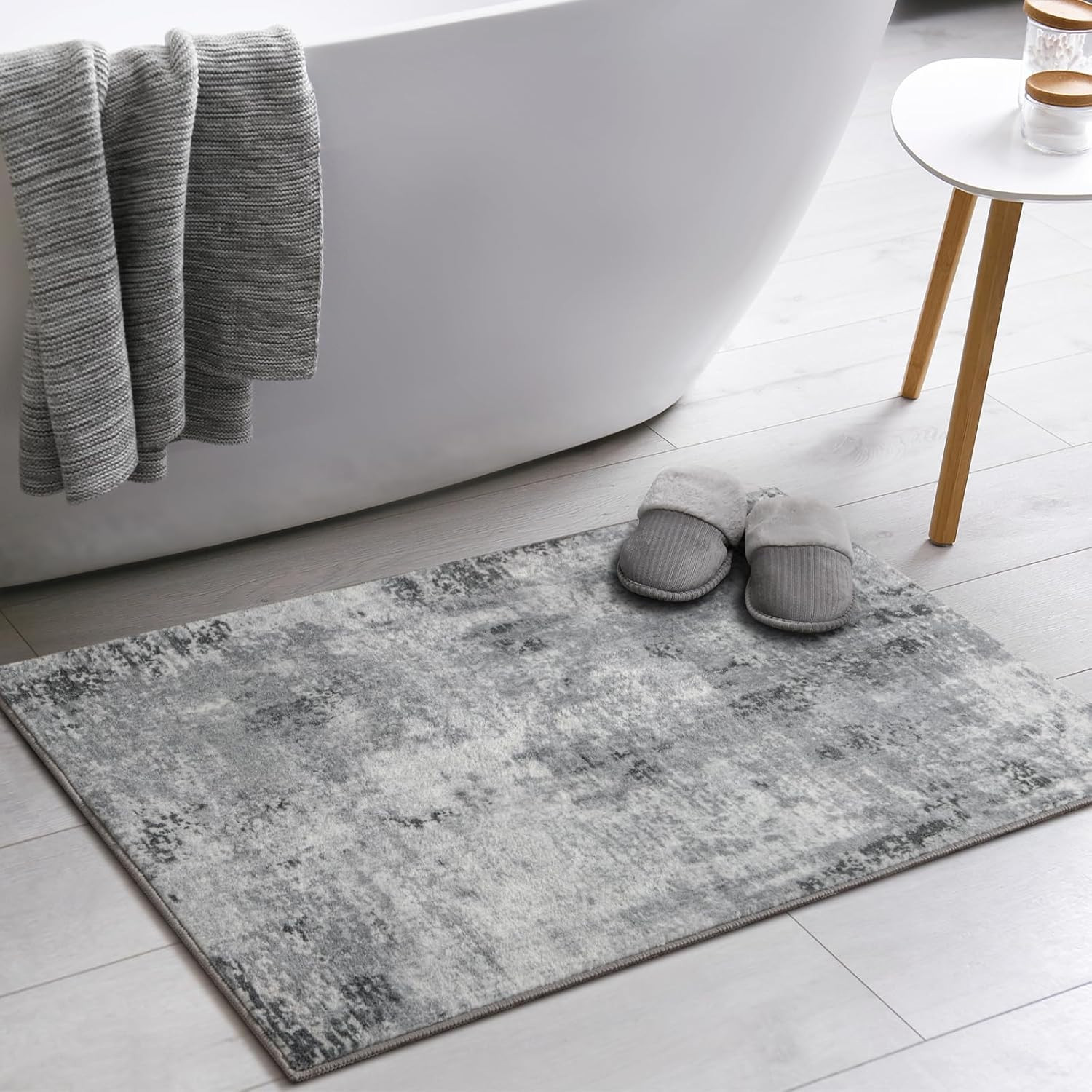 Washable Entryway Rug 2×3, Non-Slip Low Pile Abstract Grey | Non-Slip, Water & S