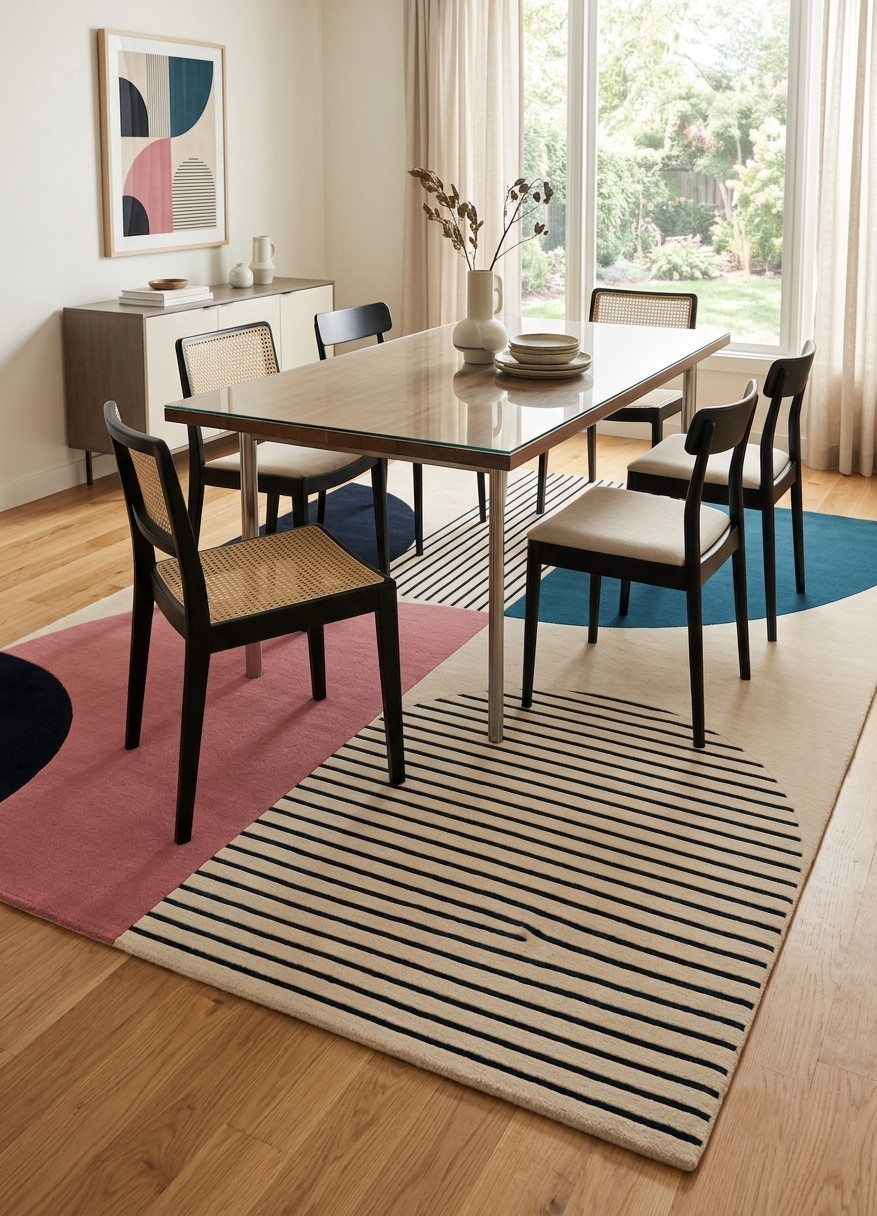 Hand Tufted Wool Area Rug Modern Geometric Abstract Navy Pink Ivory Carpet