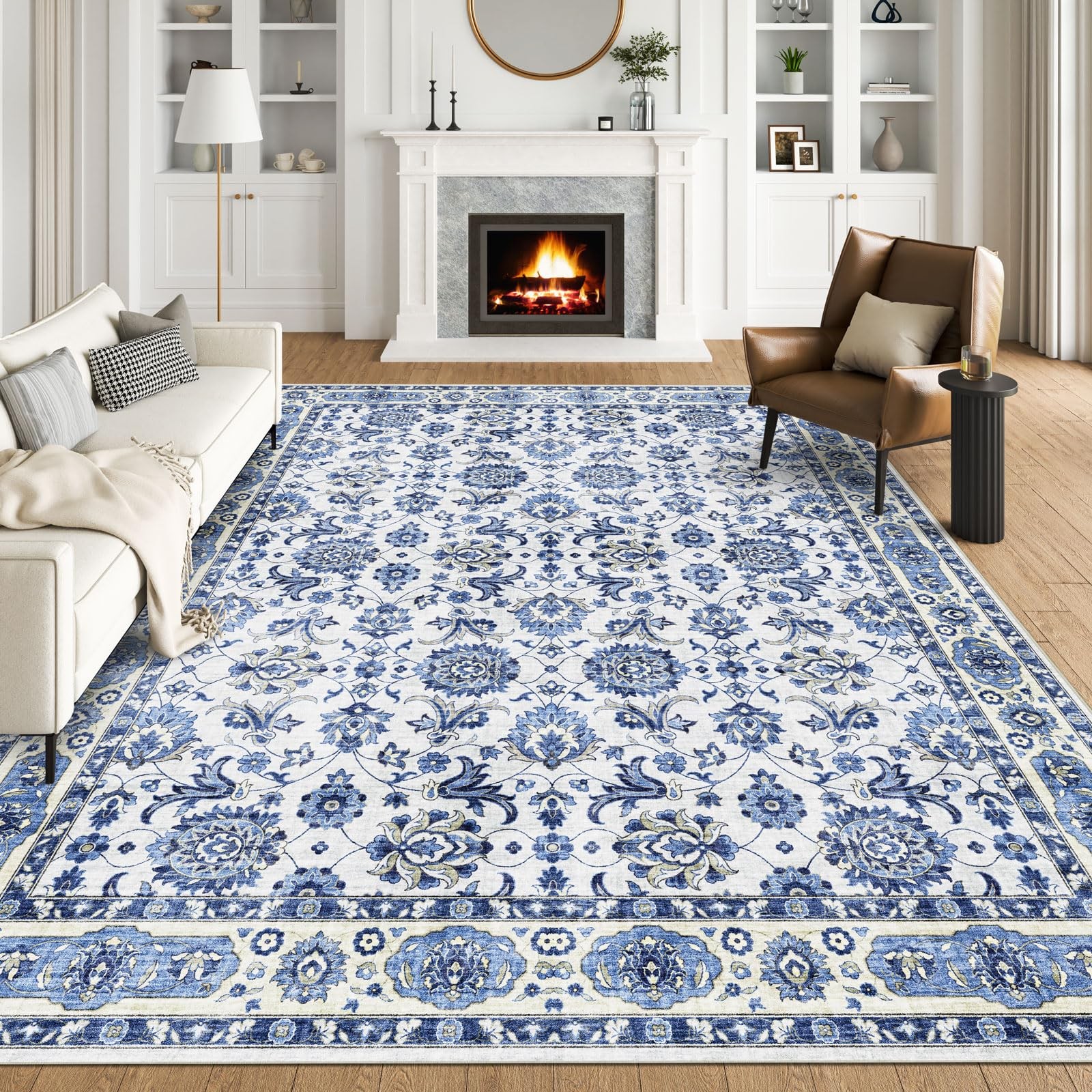 Blissa Washable 5X7 – Blue Vintage Floral Rug For Living Room
