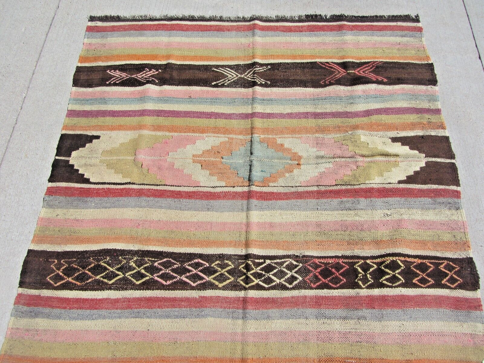 Turkish Nomad Flat Weave Rug Sumak Semi-Antique Soft Colors 56 x 57 Wool