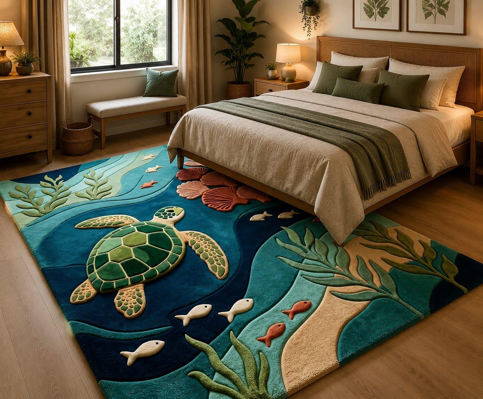 Sea Turtle Rug Hand Tufted Rug Coastal Wool Area Carpet Ocean Decor