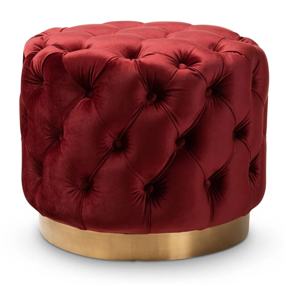 Valeria Velvet Button Tufted Ottoman Burgundy Heather Bedroom Living Room Hall