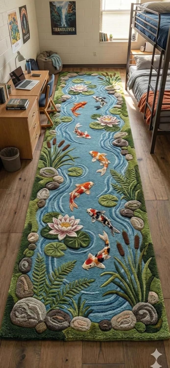 Hand Tufted Koi Pond Wool Runner Rug Nature Hallway Decor Water Garden Japanese