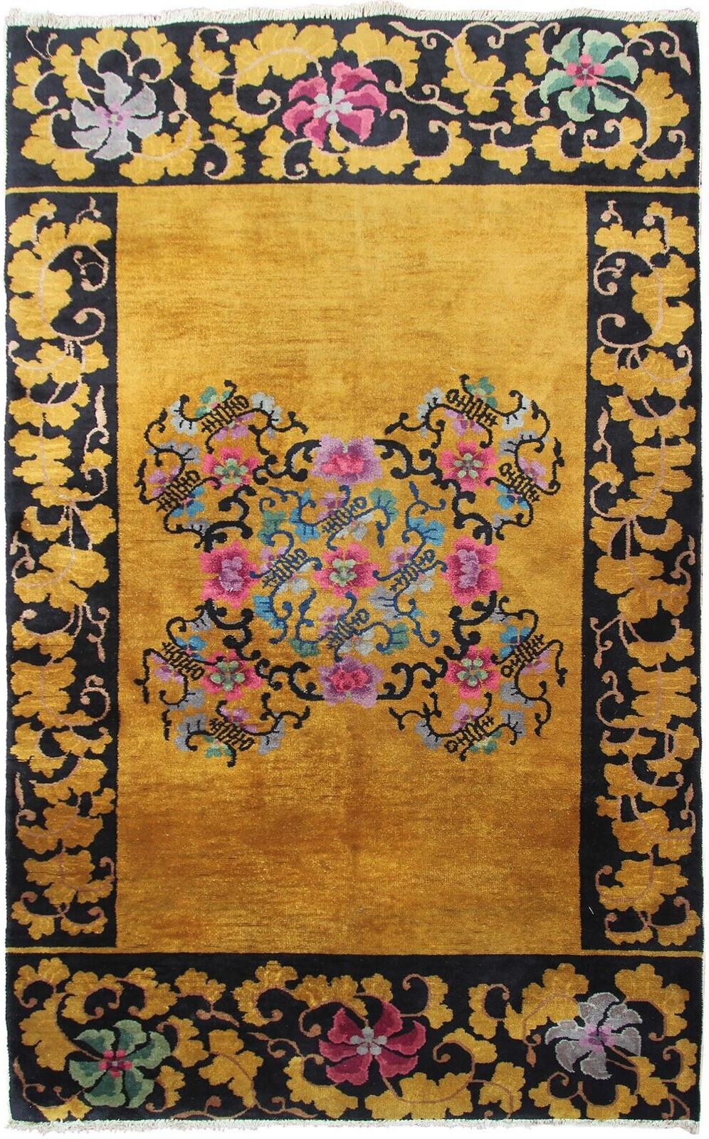 4×7 Antique Art Deco Chinese Handmade Area Rug Gold Black Colorway 122cm x 203cm