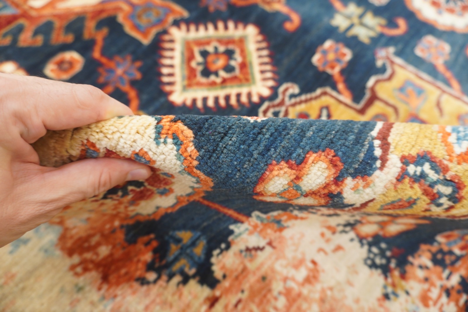 8 x 10 ft Navy Blue Karaja Afghan Hand-Knotted Modern Rug