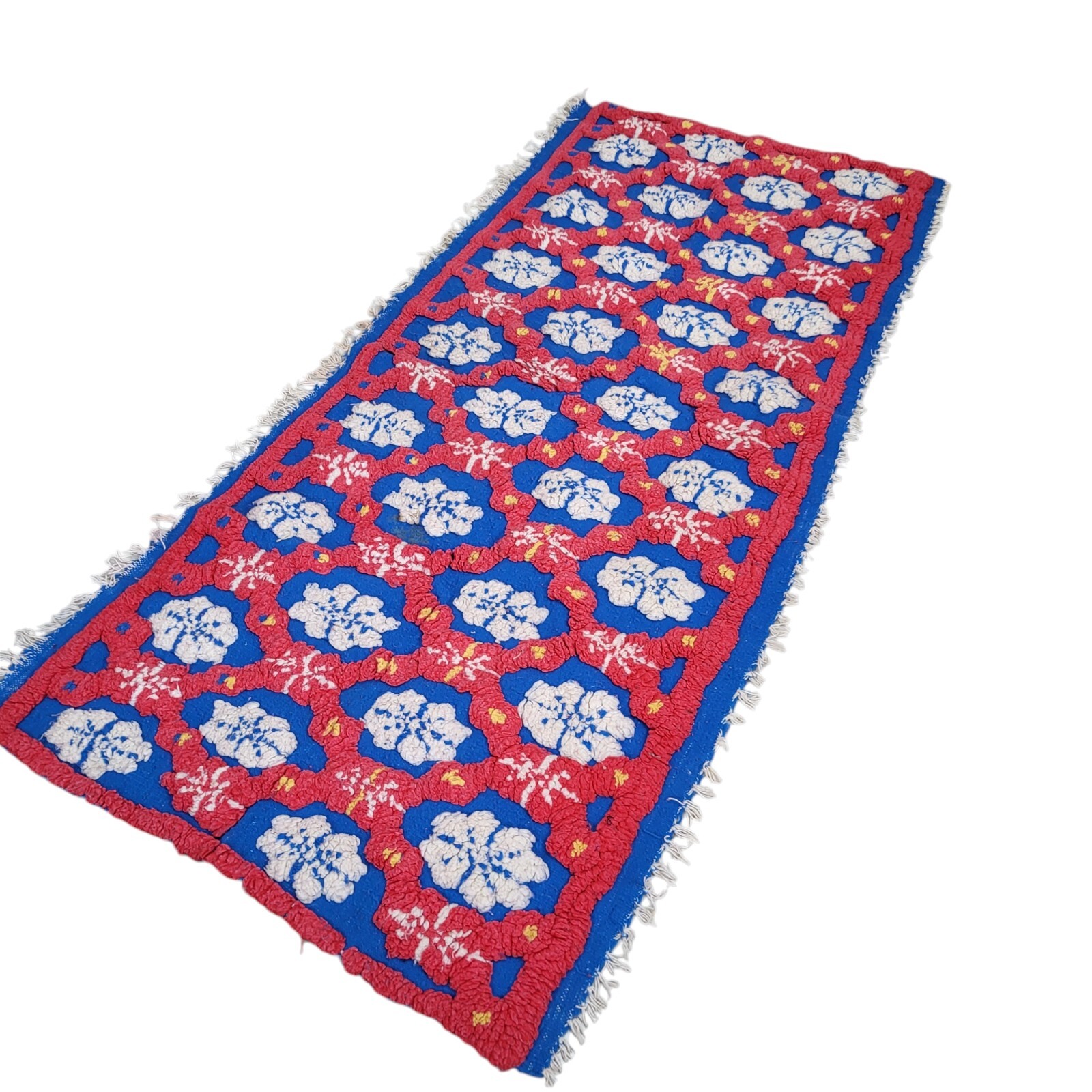 Vintage Moroccan Handmade Rug 3D Blue Red White Floral Tribal Berber Carpet 6×3