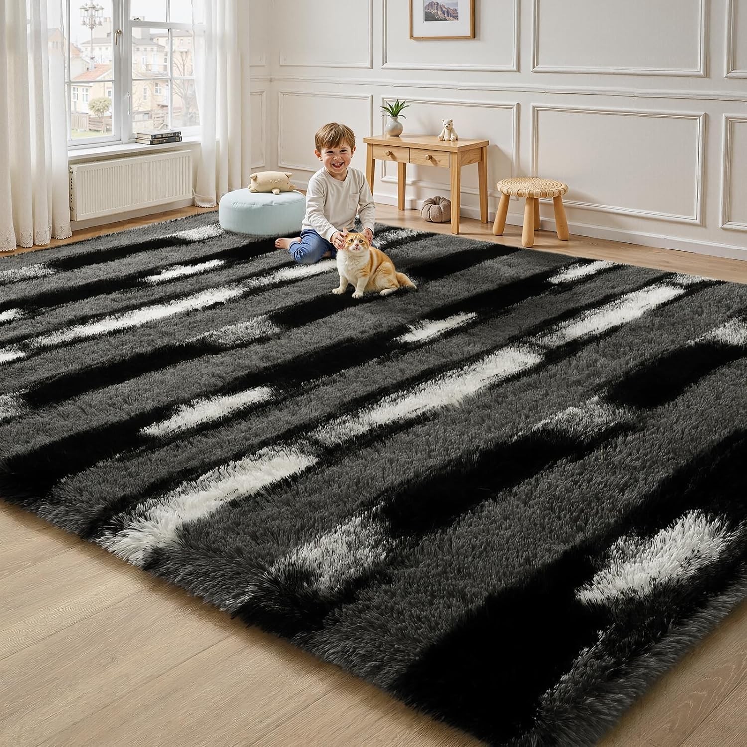 Fluffy Area Rugs for Bedroom Living Room, 4X6 Black and Grey Soft Plush Striped