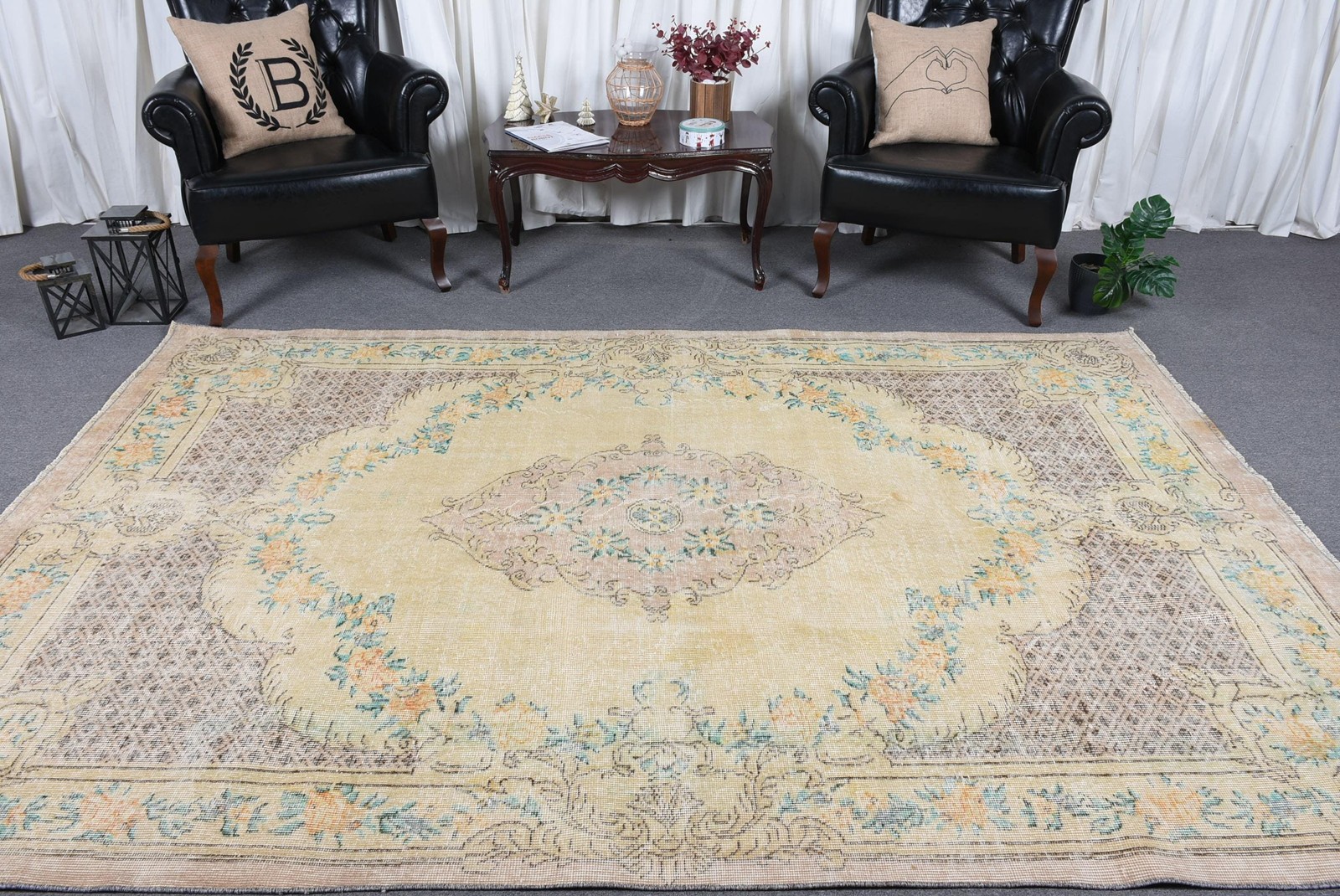 6,2×9,3 ft Rug, Vintage Turkish Large Rug, Yellow Wool Rug