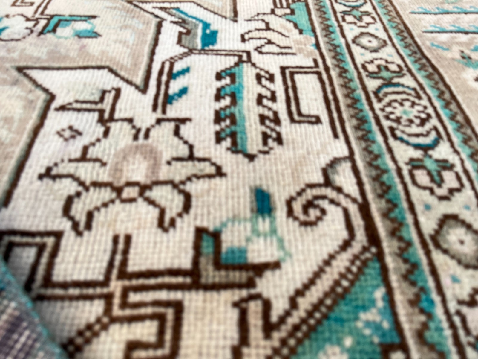 3.3 ft Round Vintage Turkish Rug Muted Turquoise Beige Circle Small Area Rug Mat
