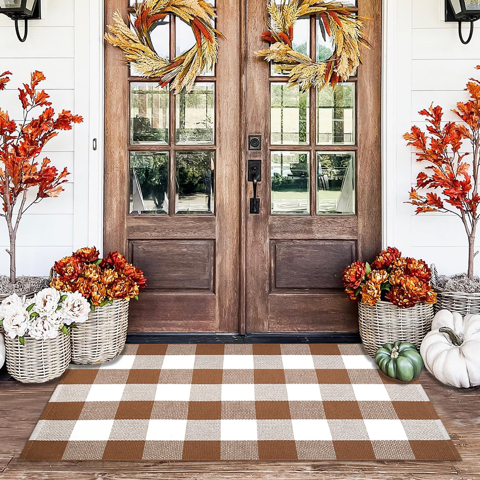 Buffalo Plaid Outdoor Rugs, 28” x 43” Coffe and White Checkered Area Rug, L…