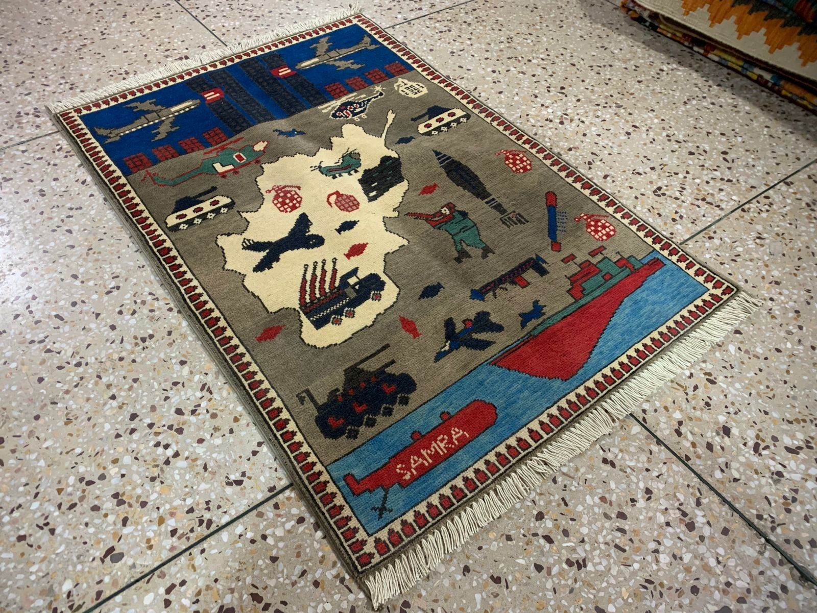 120cmx73 cm. 2 handmade afghan war rugs, opium, 9/11 ussr, usa, military, ak47