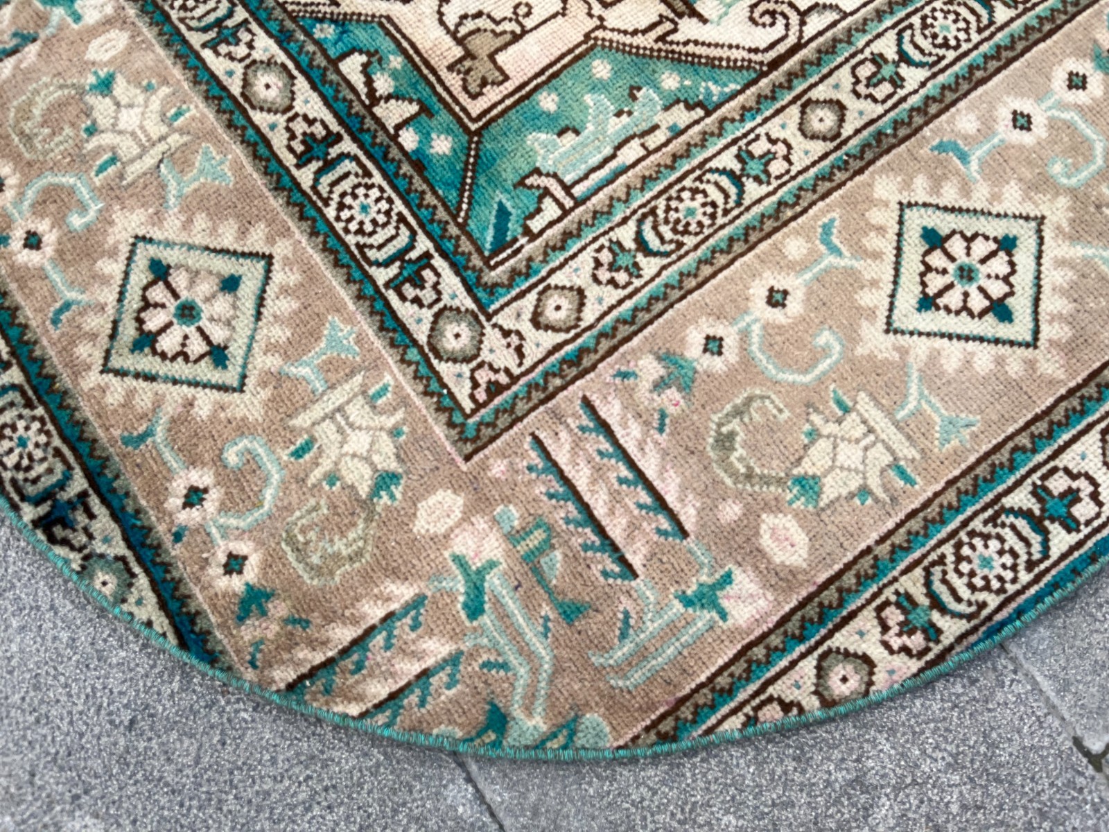 3.3 ft Round Vintage Turkish Rug Muted Turquoise Beige Circle Small Area Rug Mat