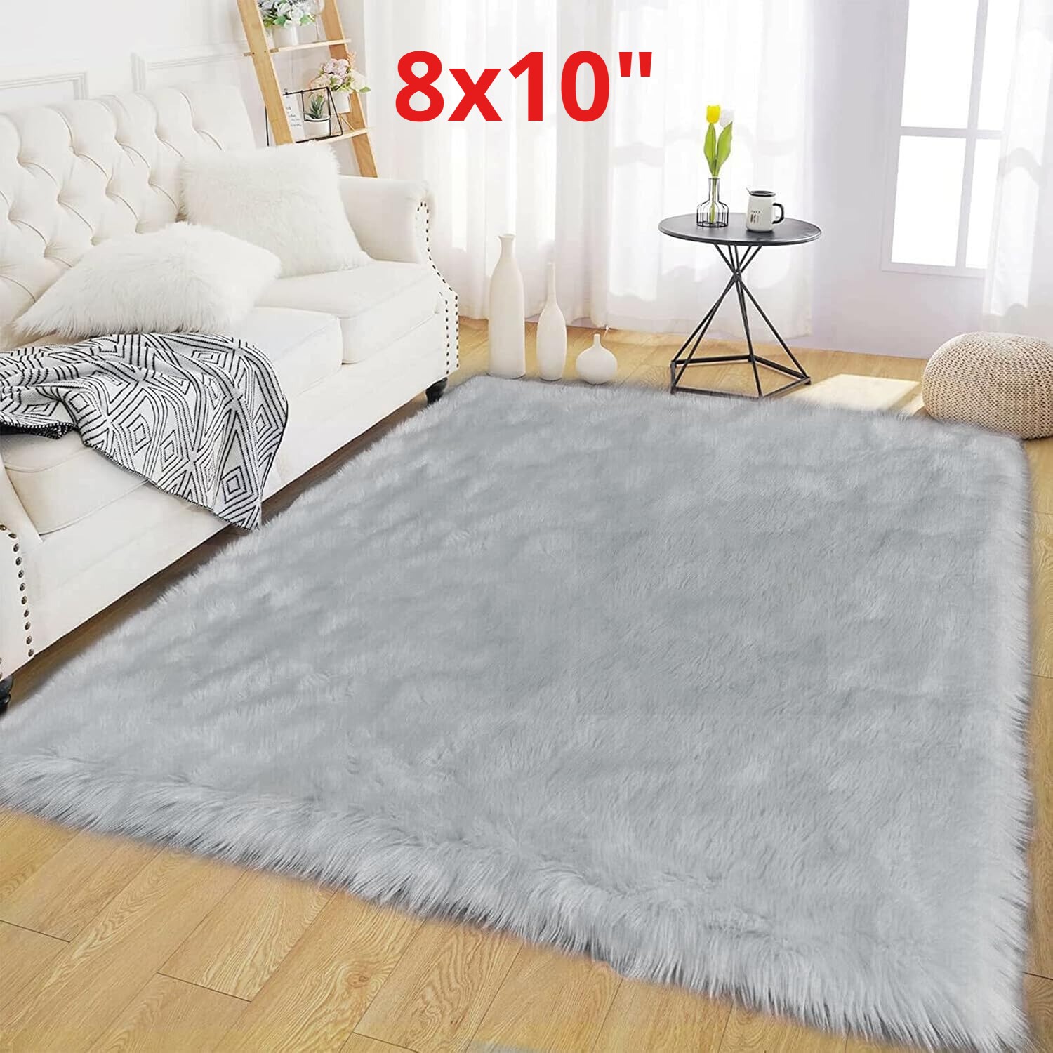 8×10″ Gray Faux Sheepskin Fur Rug Fluffy Shaggy Soft Plush Rugs for Bedroom Sofa