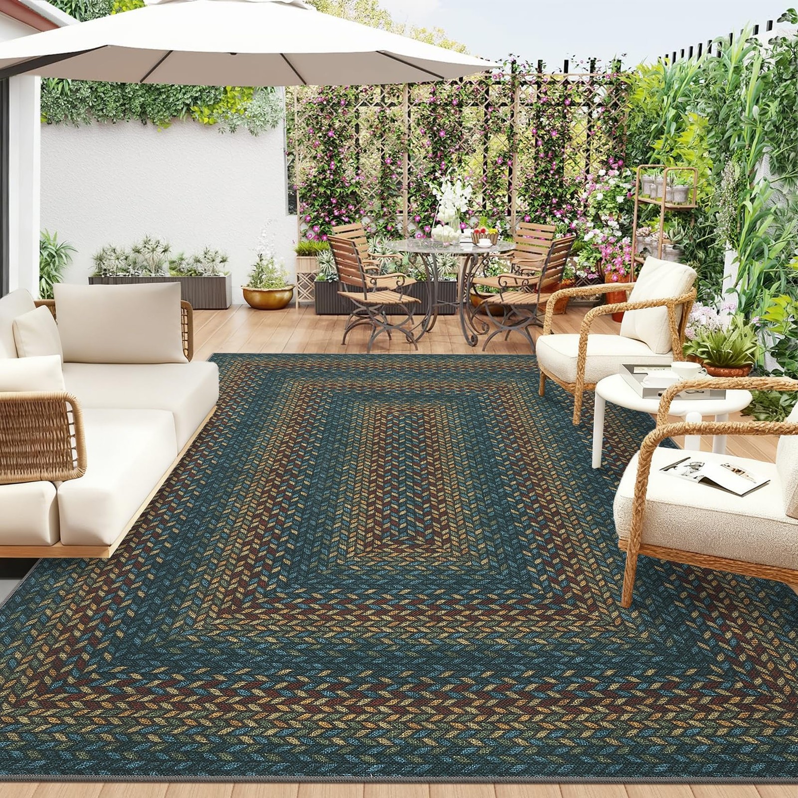 Rust Bordered Jute Braided 5×7 Washable Area Rug Non Slip Living Bedroom Kitchen