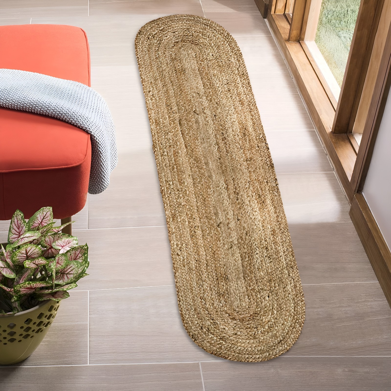 Natural Handwoven Jute Braided Oval Runner Rug Farmhouse Hallway Entryway Carpet