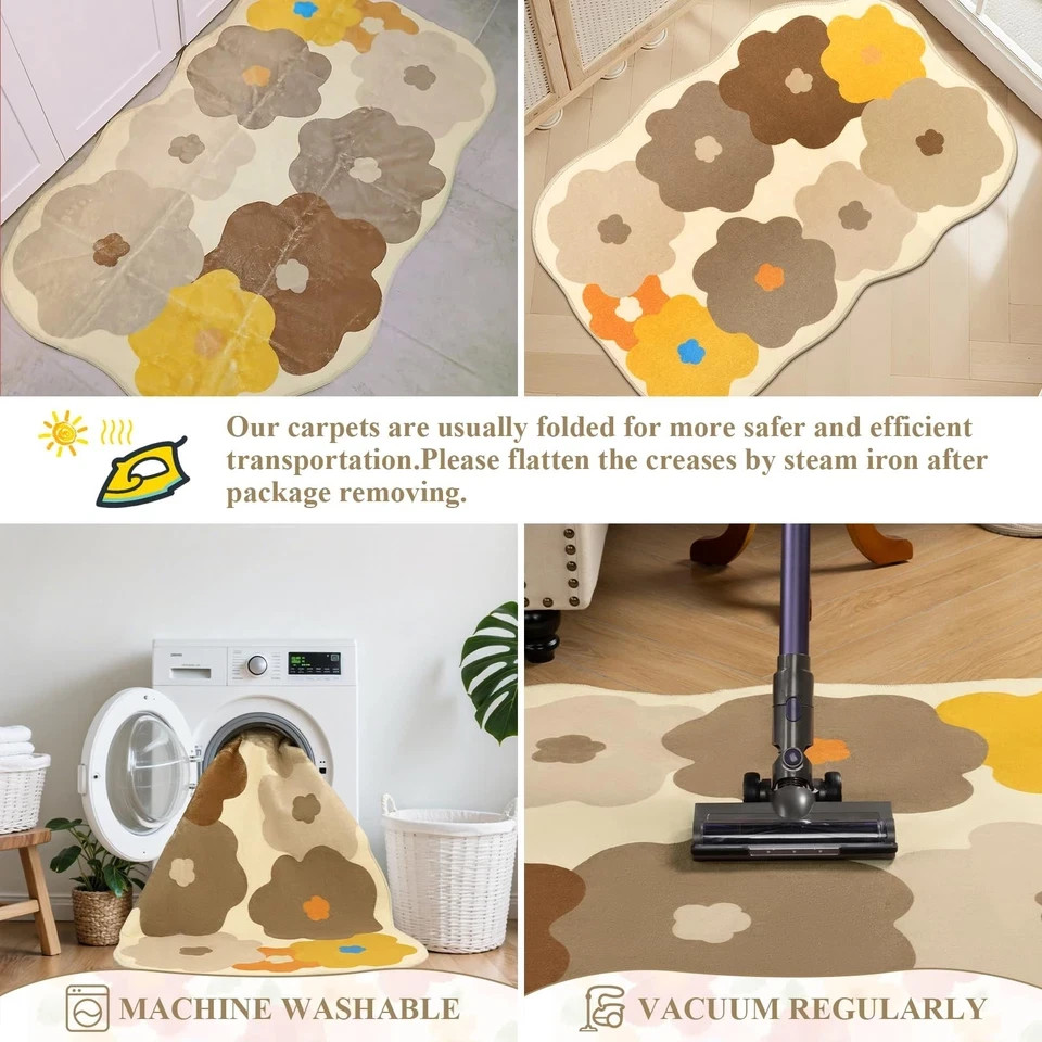 Floral Cute Rug 3×5 Irregular Scalloped Rug Beige Flower Shaped Indoor Mat Be…