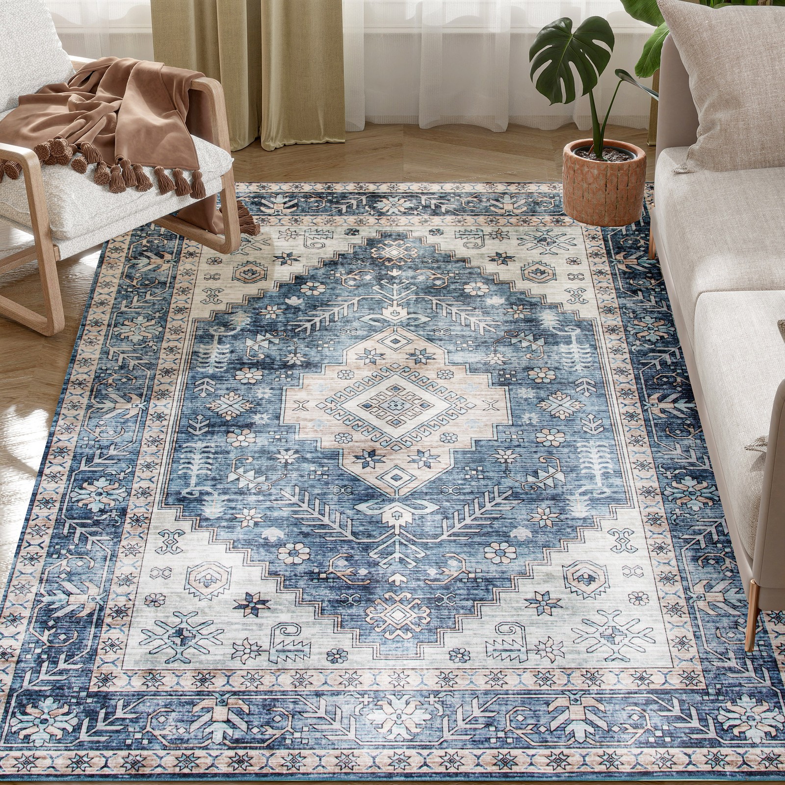 4×6 Area Rug, Vintage Machine Washable Rug for Living Room, Blue