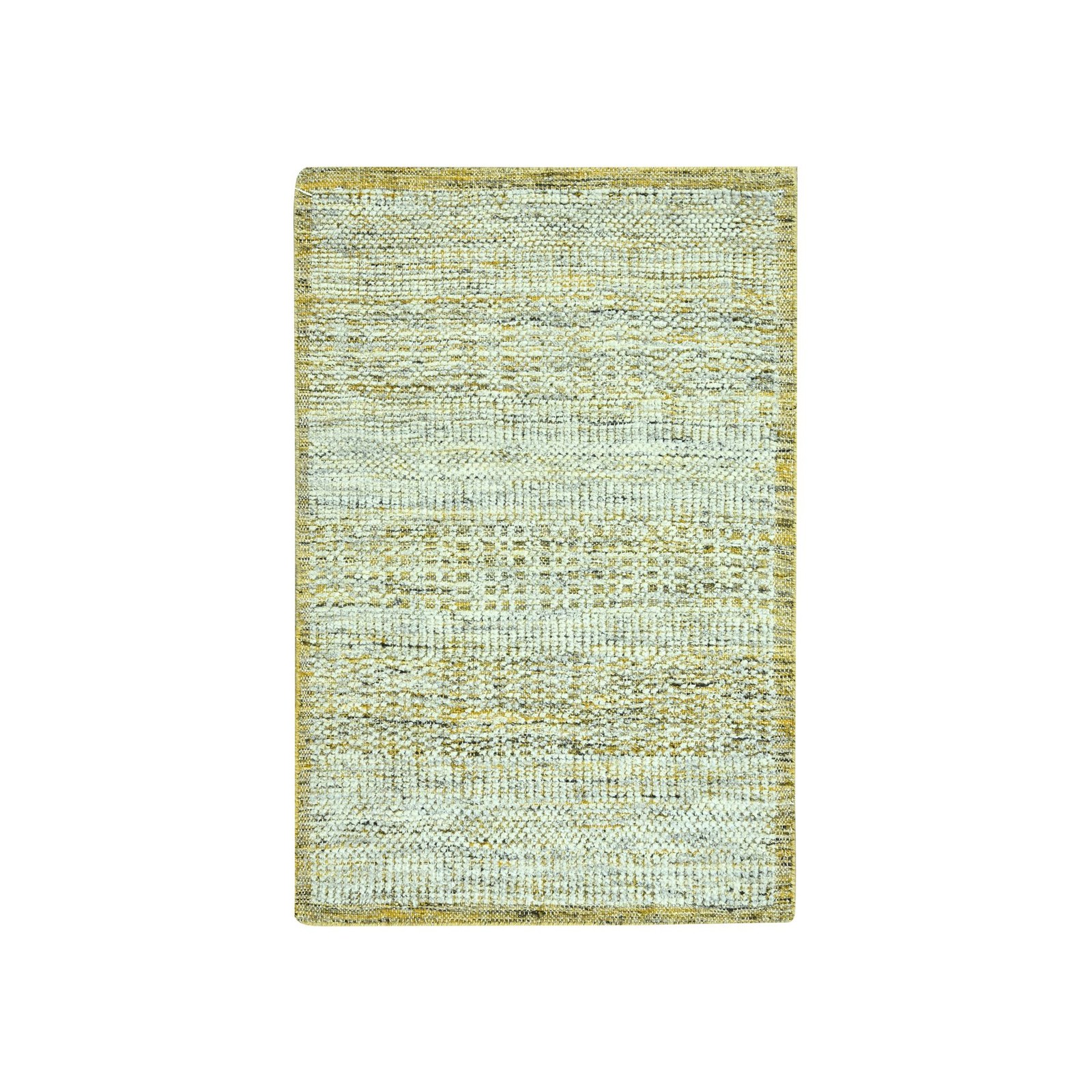 Hand Knotted Rug 2’x3′ Yellow Wool Oxidized and Distressed Grass Design 76939